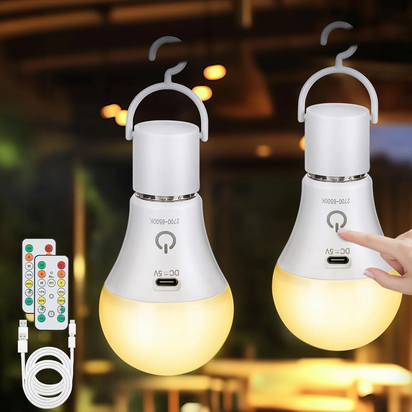 Kimjo Lot de 2 ampoules rechargeables E27 USB 7 W 3 couleurs variable télécommande contrôle tactile éclairage d'urgence extérieur