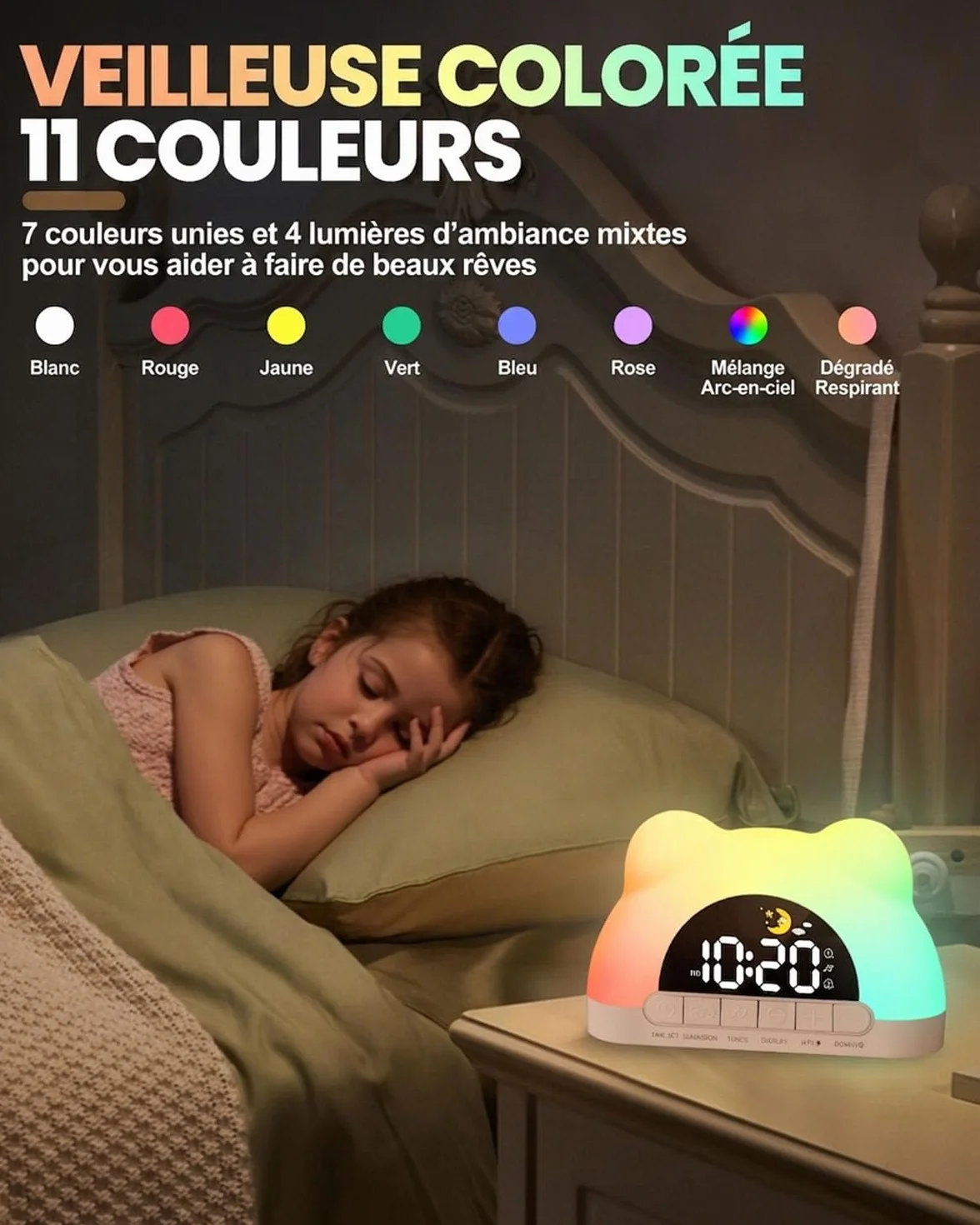 Horloge Sommeil Bébé avec Veilleuse LED RGB 11 Couleurs, Double Alarme, 10 Sons Apaisants, Jour/Nuit