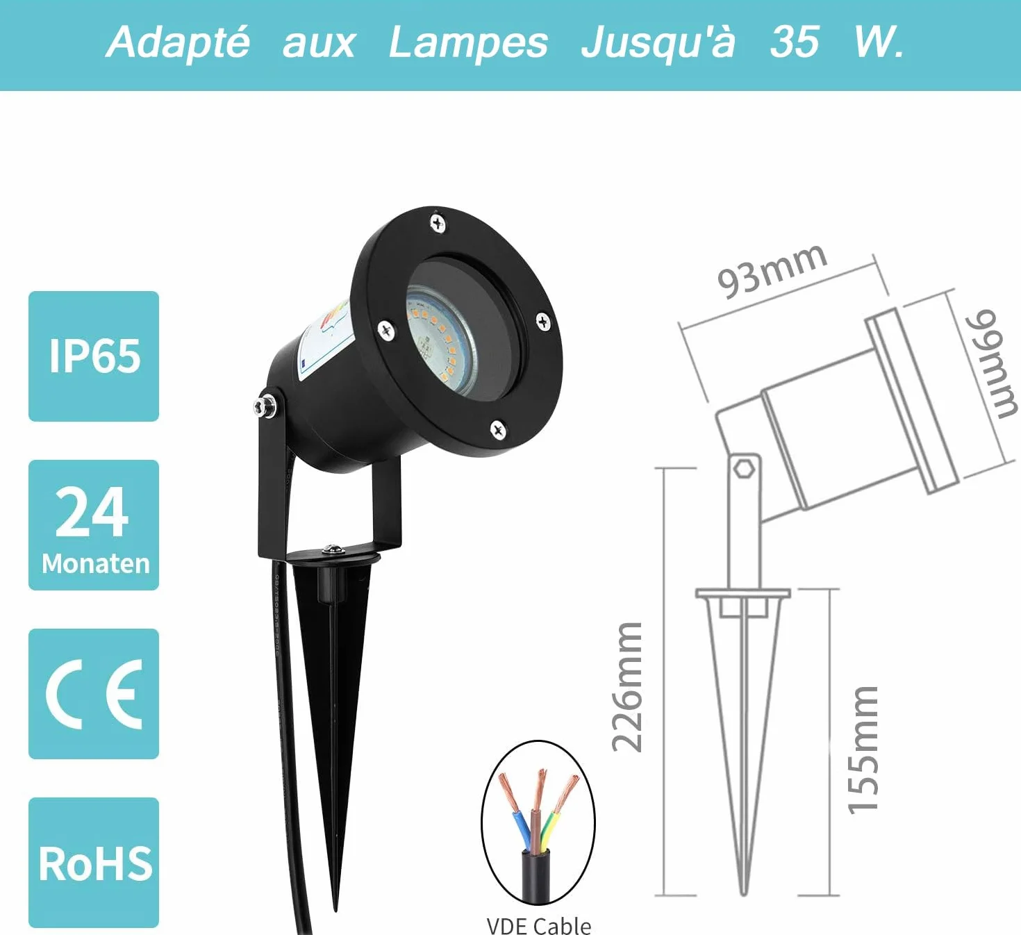 Lampe Extérieur LED GU10 5W 230V IP65 Étanche 4x Spot Jardin Blanc Chaud