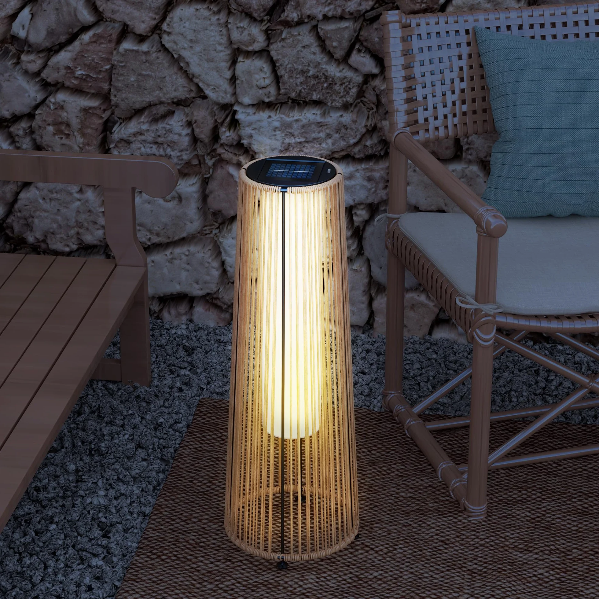 Outsunny Lampadaire LED de jardin style colonial résine tressée Ø 21,5 x 61 cm beige