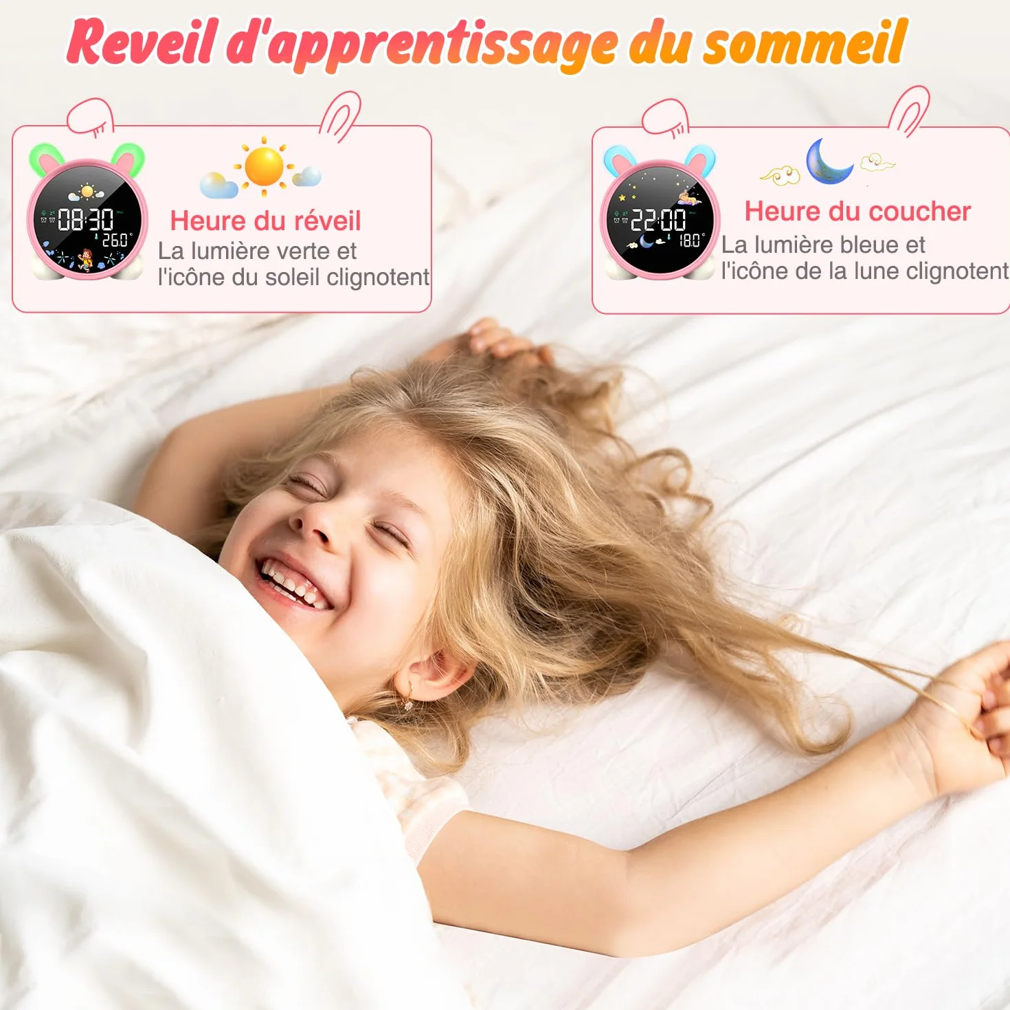 LEMNOI Réveil Educatif Jour Nuit Enfant Chatte LED Lampe de Chevet avec Musique Double Alarme Température Fonction Snooze Lapin