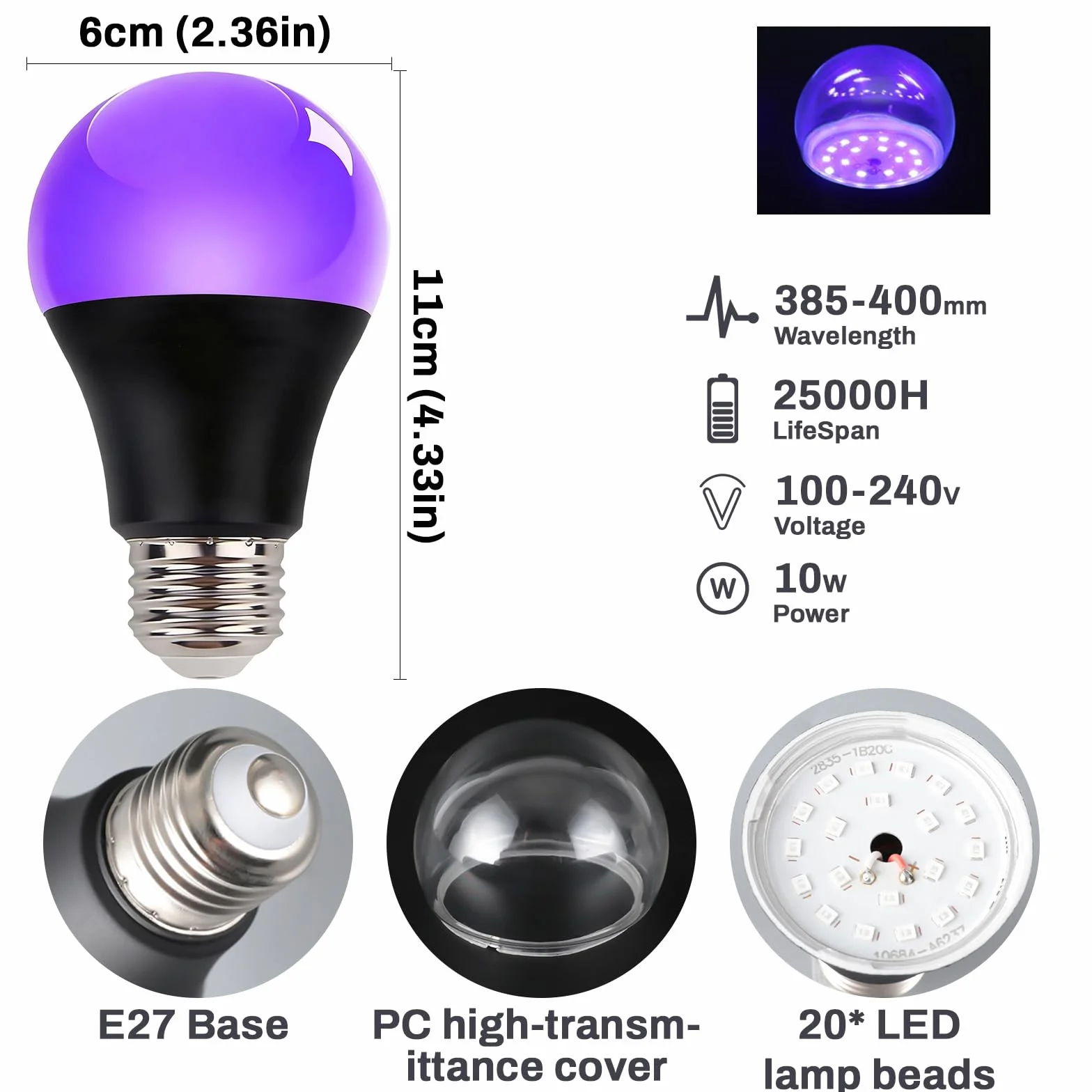 Ampoule Lumière Noire 10W UV E27 395nm Violet pour Peinture Corporelle Halloween Fête (2 Pack)
