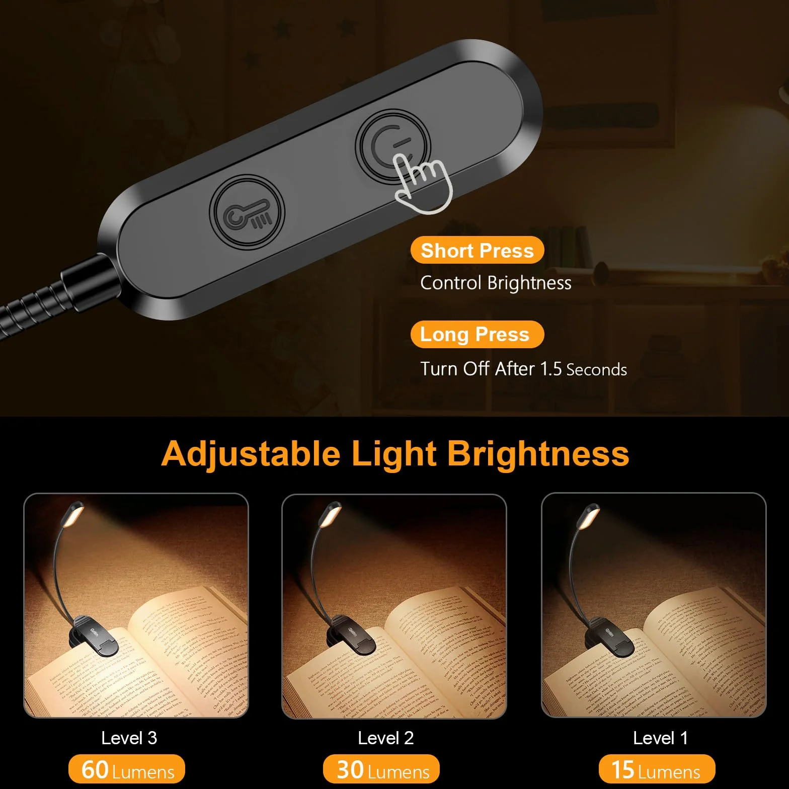 Gritin Lampe de Lecture Rechargeable 11 LED Liseuse Lampe Clip Protection des Yeux 3 Couleurs 3 Niveaux de Luminosité 360° Cou Flexible