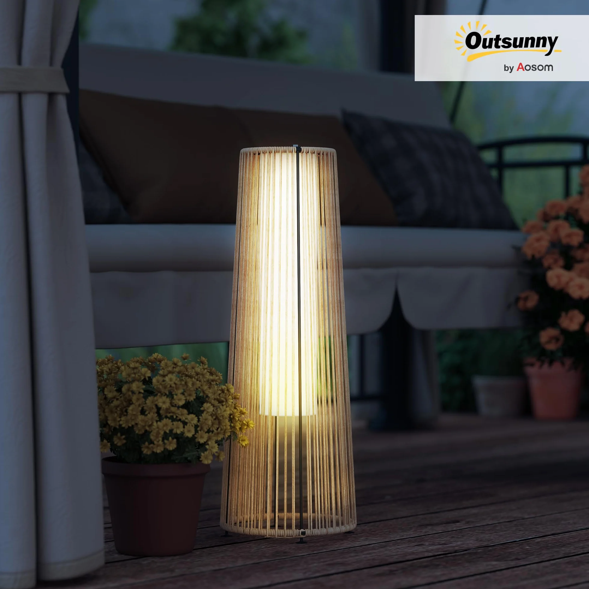 Outsunny Lampadaire LED de jardin style colonial résine tressée Ø 21,5 x 61 cm beige