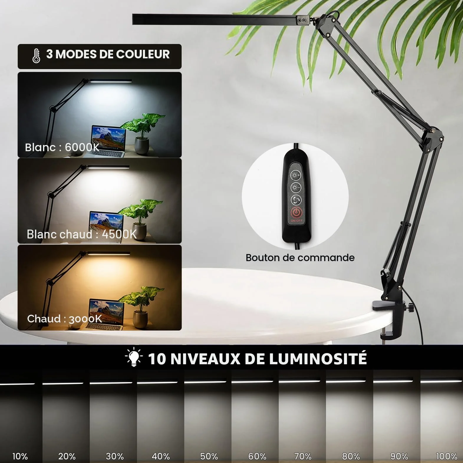 BIENSER Lampe de Bureau LED Architecte 14W Pliable avec Pince, 10 Niveaux de Luminosité x 3 Modes de Couleur, Réglable