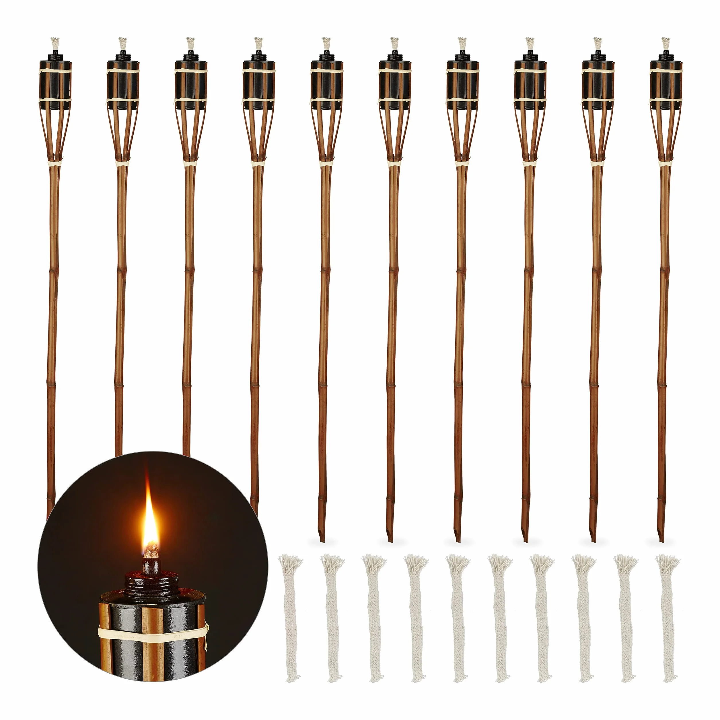 Relaxdays Torche Jardin Bambou Lampe Huile Dehors 90 cm Marron Lot de 10