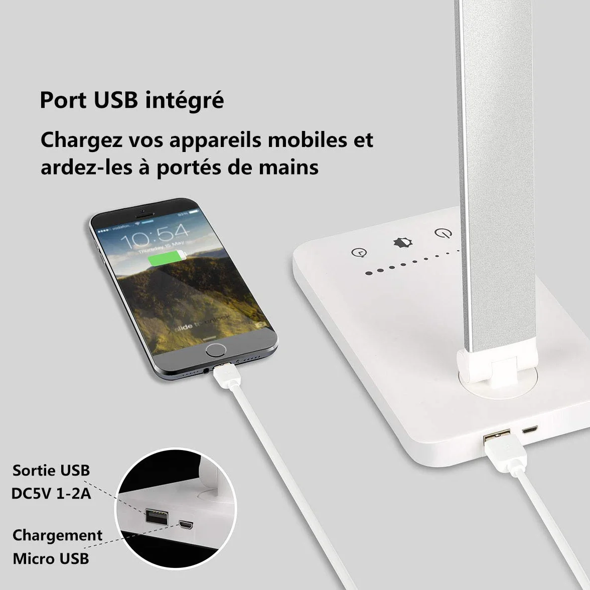 SLATOR Lampe de Bureau LED, Dimmable, 5 Modes de Couleur, 10 Niveaux de Luminosité, Contrôle Tactile, Protection des Yeux, Port USB, Minuterie