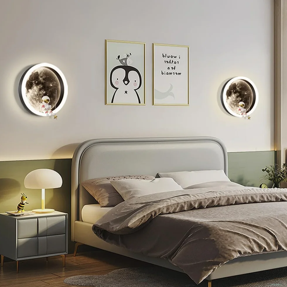 Applique Murale LED Enfants Lune Astronaute Décoration Chambre 3000K 12W Ronde Noir