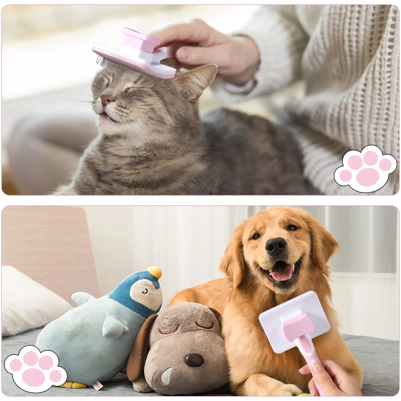Vinabo Brosse Autonettoyante Pour Animaux de Compagnie, Pour Chiens Chats, Poils Longs et Courts, Rose