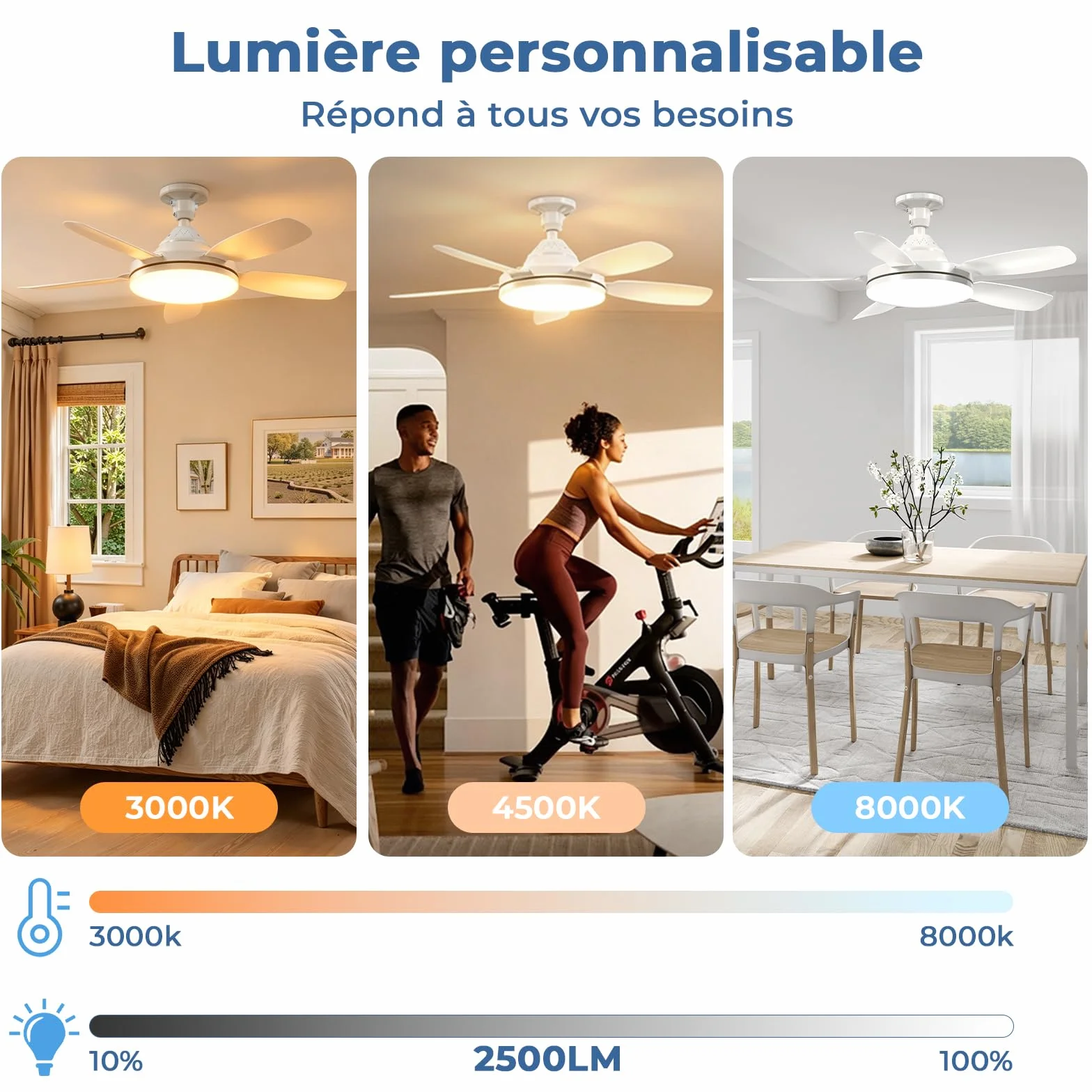 GOODEA Ventilateur de Plafond avec Lumière et Télécommande 81cm, E27, 2500LM Silencieux pour Salon Chambre