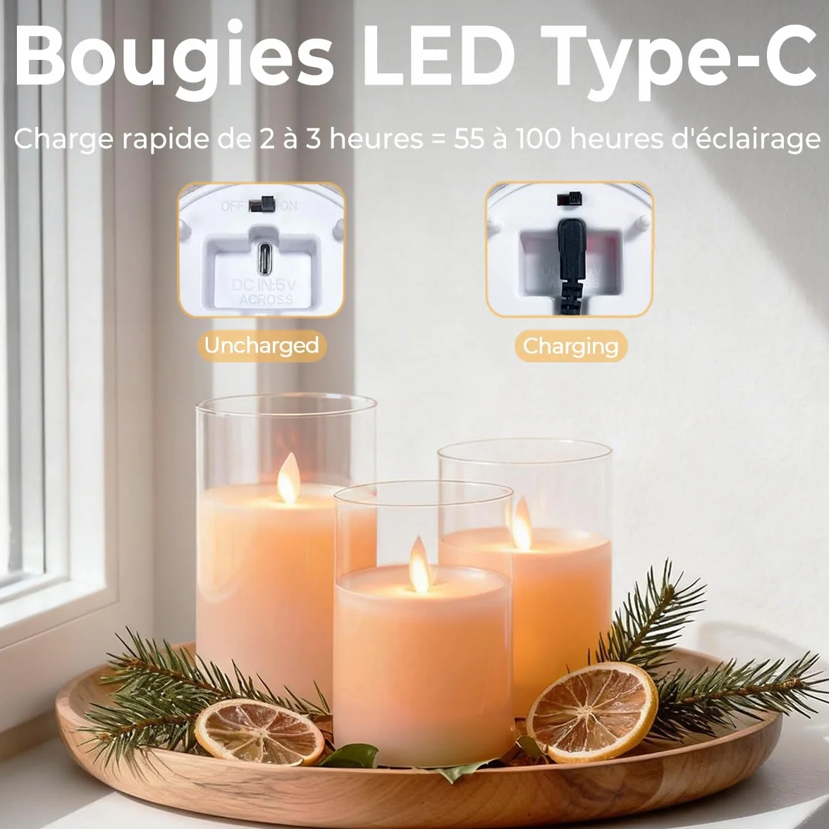 Bougies LED Rechargeables Flamme Vacillante Sans Fil, Télécommande Minuterie 2/4/6/8h, Lot de 3 Verre Transparent Blanc
