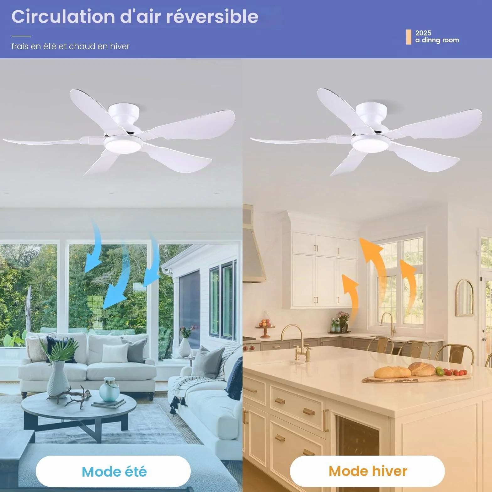 Ventilateur de plafond moderne 132 cm avec lumière, télécommande et APP, 5 pales réversibles, 6 vitesses, 3 températures de couleur dimmables, blanc