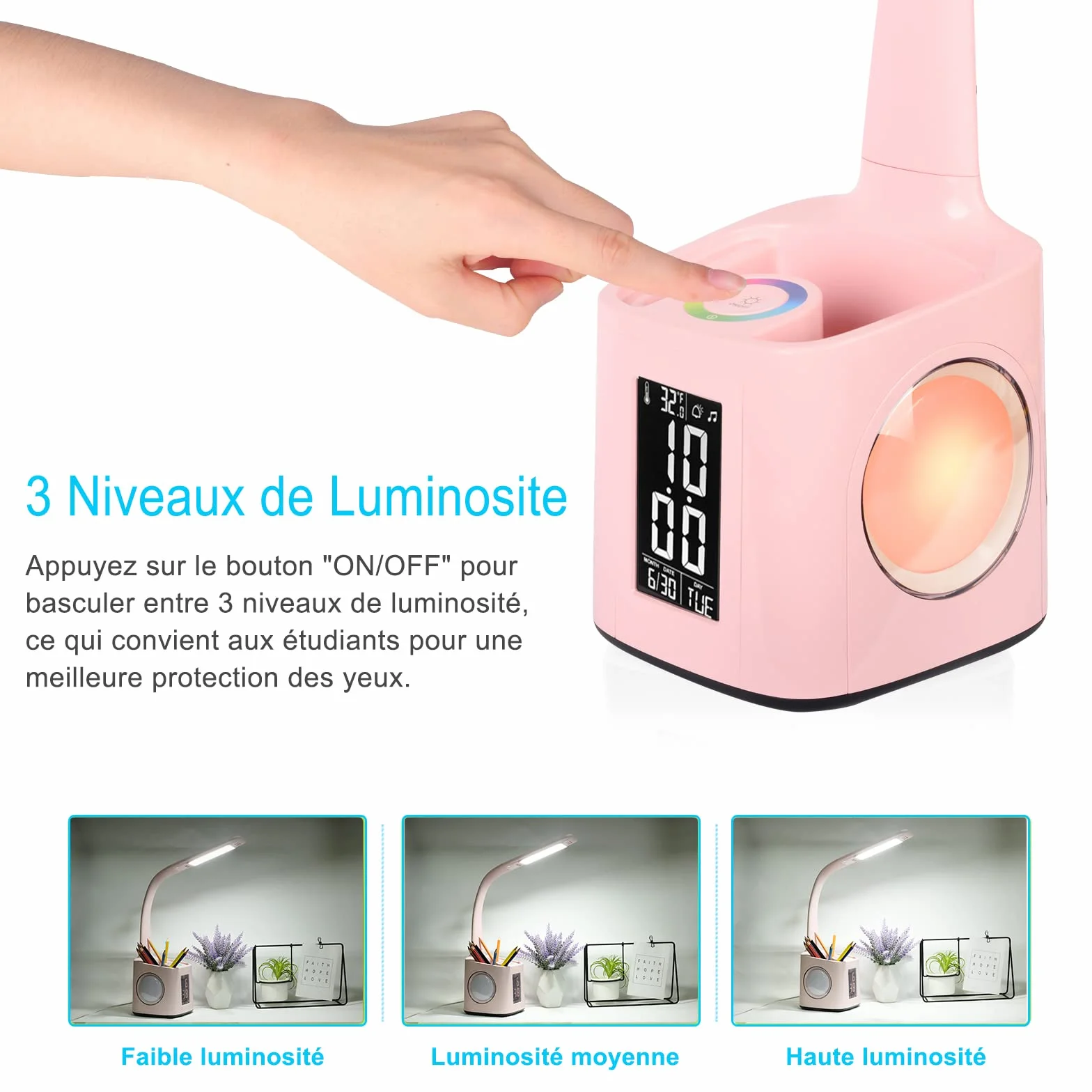 Lampe de Bureau LED Enfant avec Horloge, Réveil, Calendrier, Thermomètre, RGB et Porte-Stylo, Réglable, Protection des Yeux, Rose
