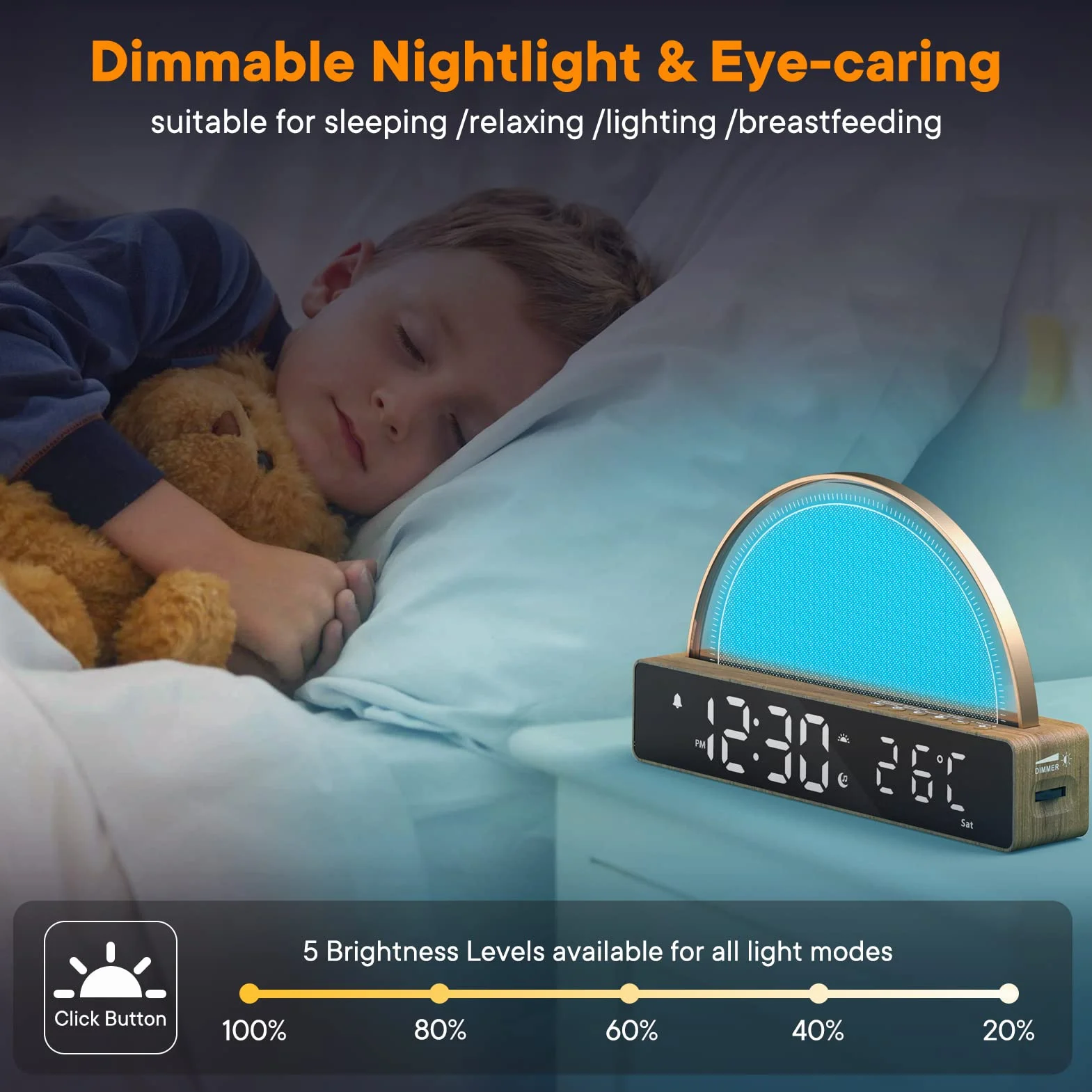 Réveil Lumineux Simulation Lever du Soleil Snooze 6 Sonneries 10 Sons Sommeil Minuterie Affichage Température 7 Couleurs Changeantes