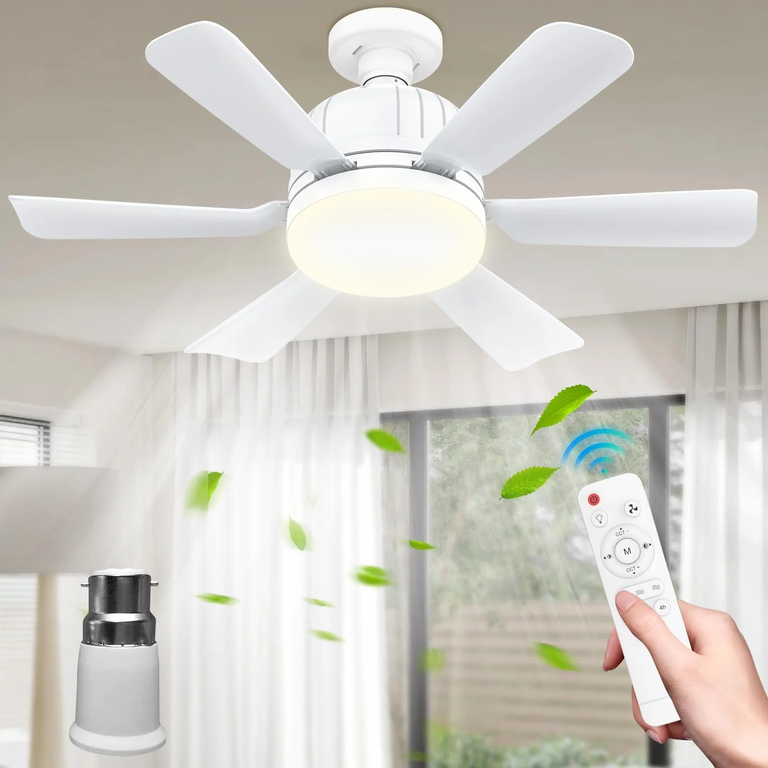 Ventilateur de plafond avec lumière et télécommande 46 cm E27 LED dimmable 3 vitesses minuterie 2/4h blanc