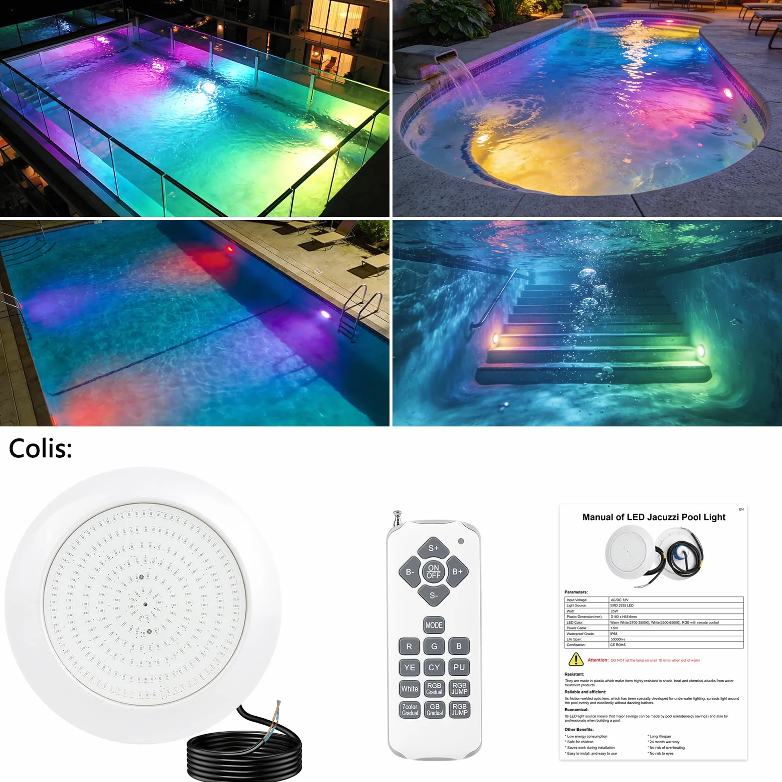 COOLWEST Projecteur Piscine LED RGB 25W 12V AC/DC IP68 Ø180mm Filetage 1 1/2"