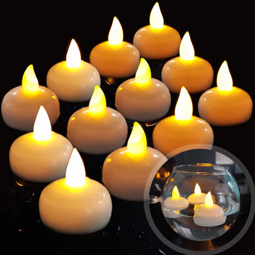 Bougie Flottante Sans Flammes 12 LED, Batterie Étanche, Lumière Vacillante pour Mariage, Fête, Centre de Table (Blanc Chaud)