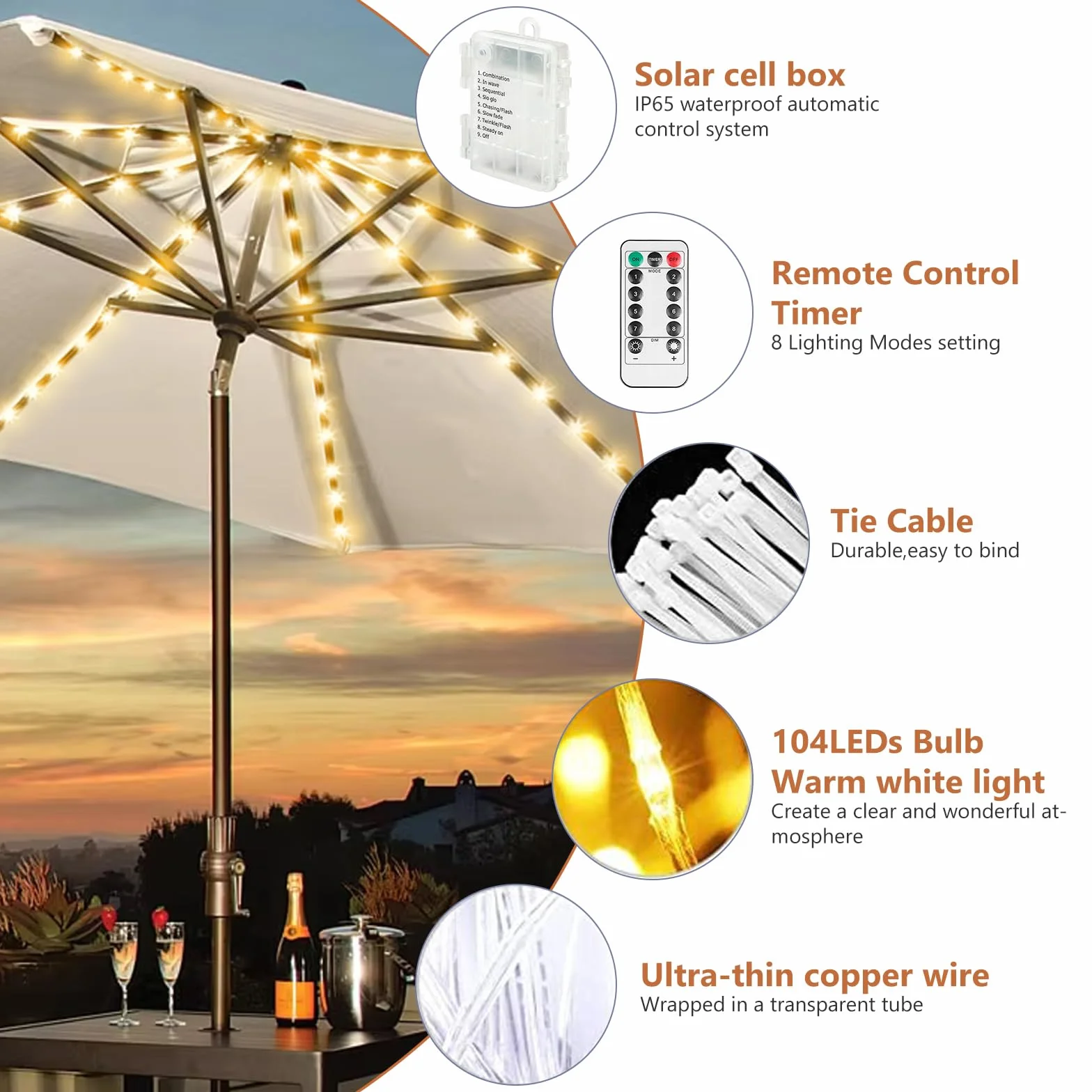 Guirlande Lumineuse pour Parasol 104LED avec Télécommande, Étanche pour Patio et Jardin