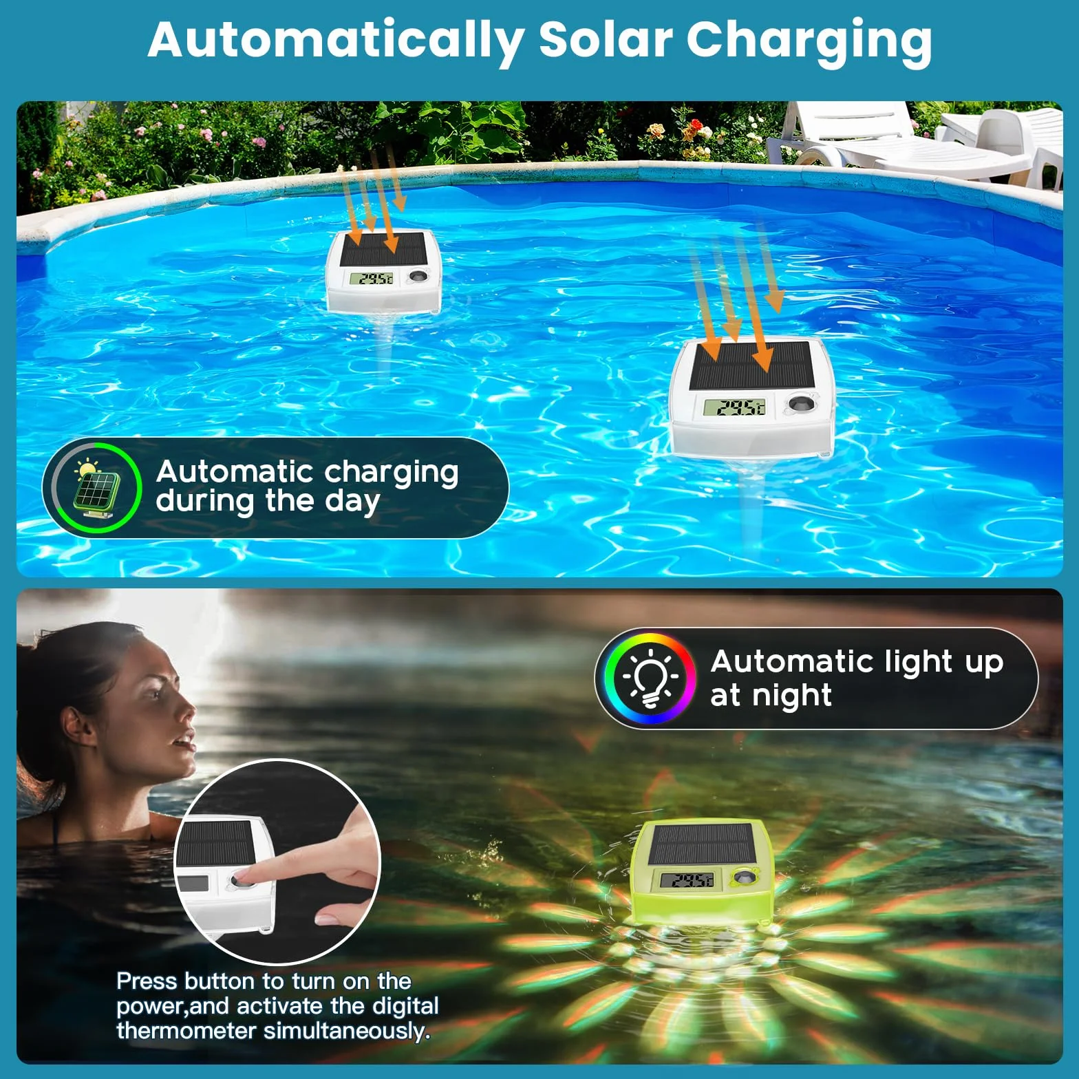 Thermomètre Piscine Flottant Solaire IP68 avec 8 Effets Lumineux