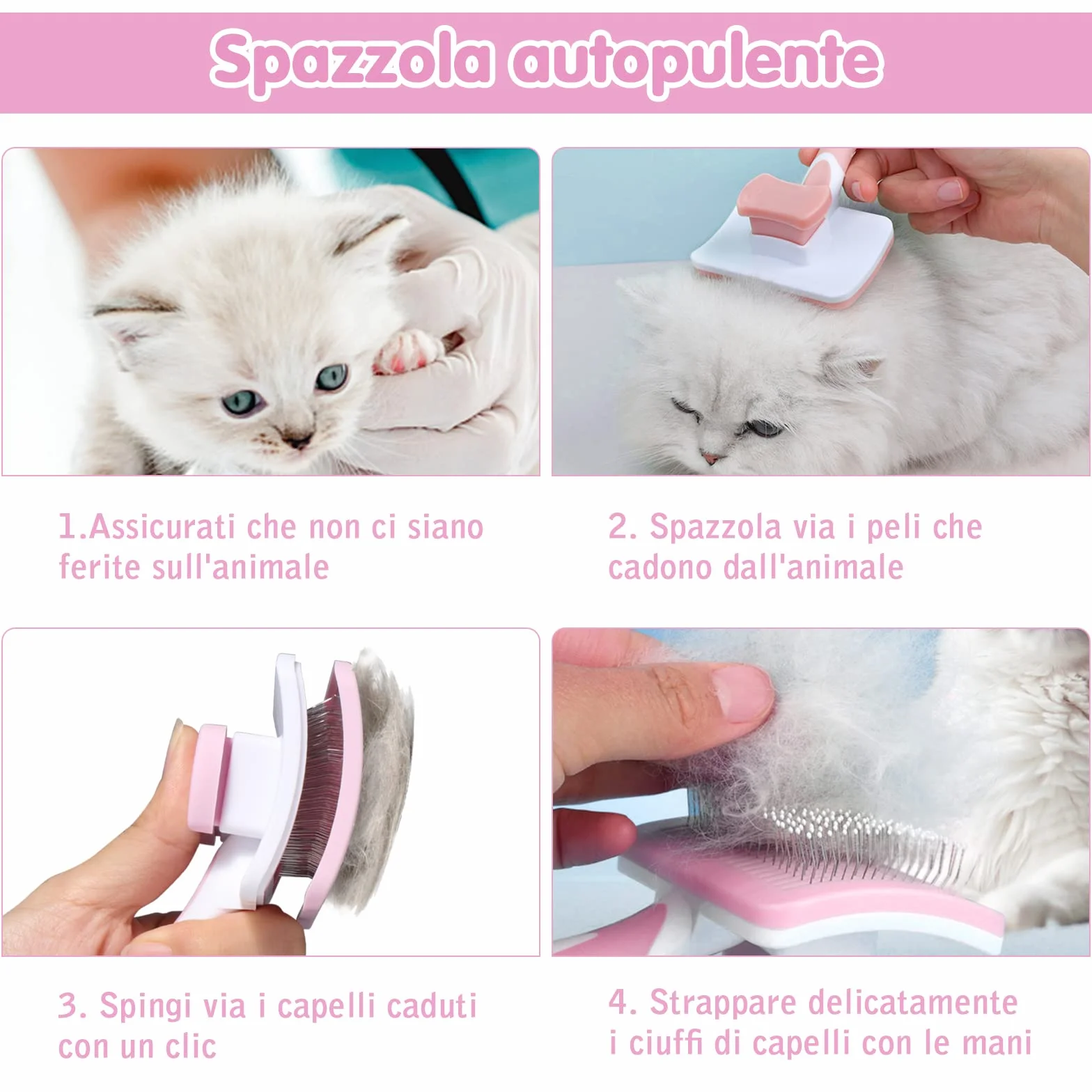 Vinabo Brosse Autonettoyante Pour Animaux de Compagnie, Pour Chiens Chats, Poils Longs et Courts, Rose