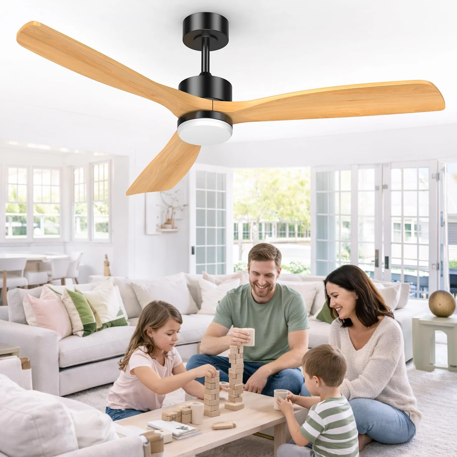 Airwit 152cm Ventilateur Plafond Grand Pales Bois Massif LED Réglable Télécommande Moteur DC Silencieux Réversible