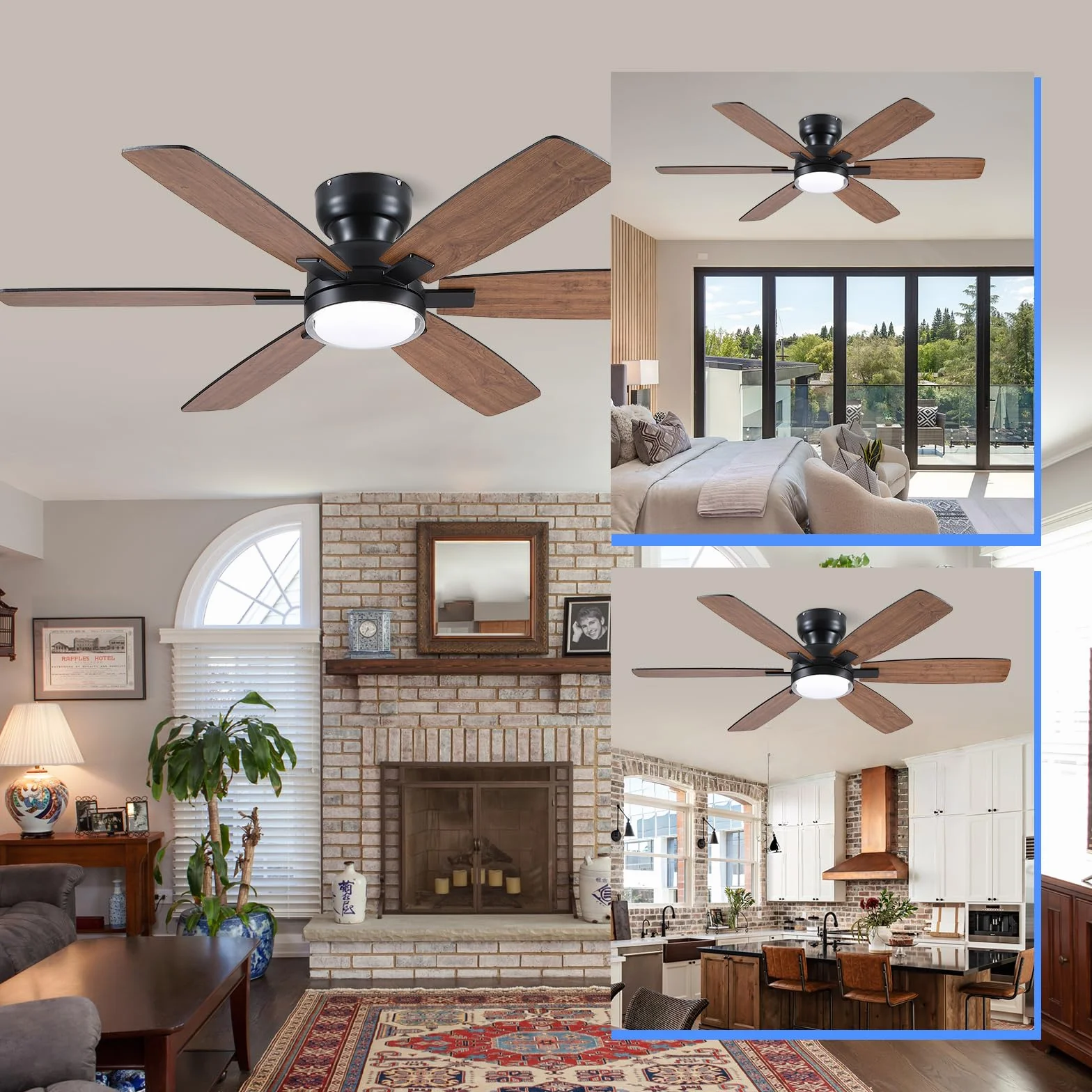 Ventilateur de plafond 132 cm avec lumière, télécommande et APP, 6 pales réversibles, couleur dimmable, marron