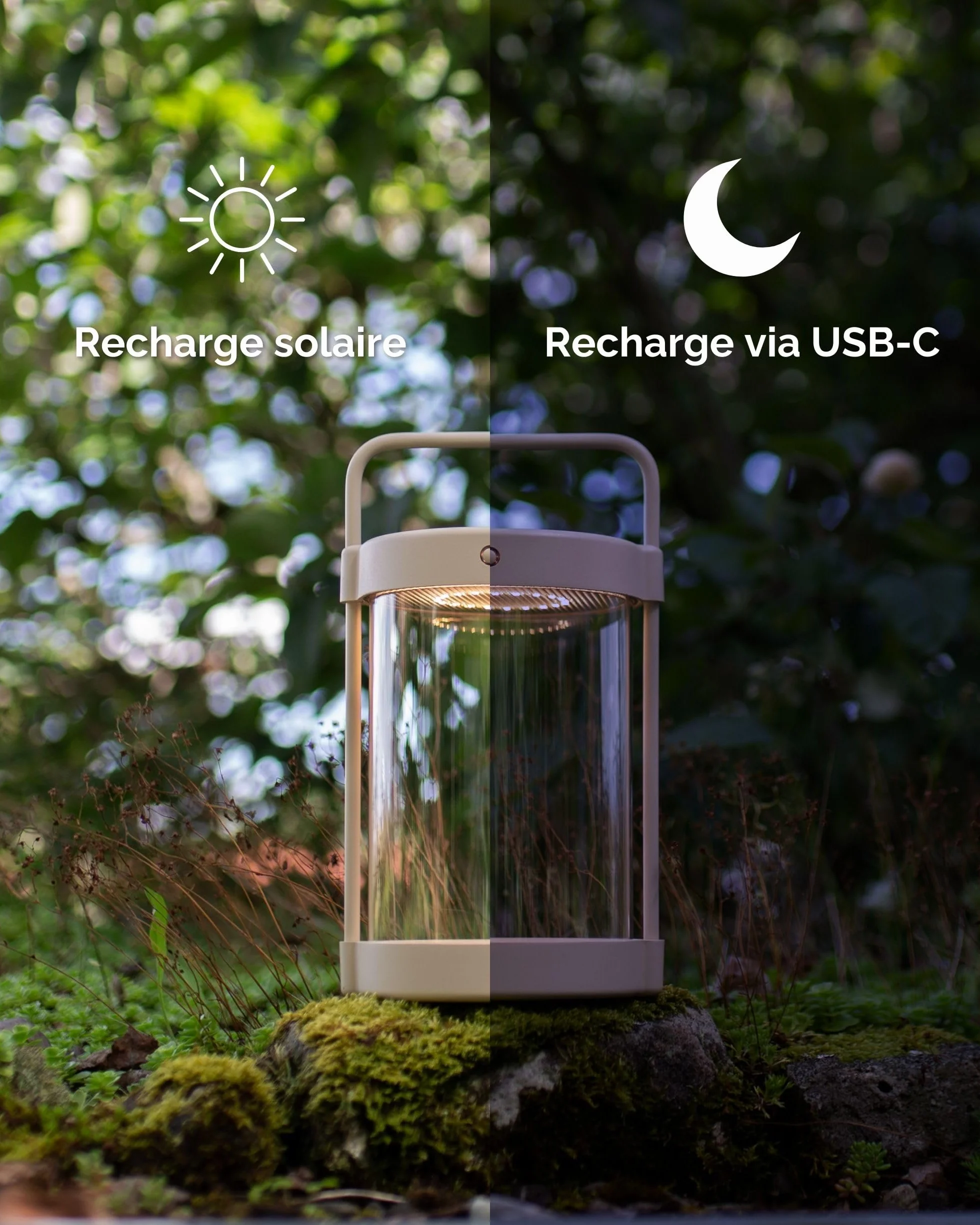 Lampe solaire LED design minimaliste rechargeable USB-C sans fil imperméable noir mat
