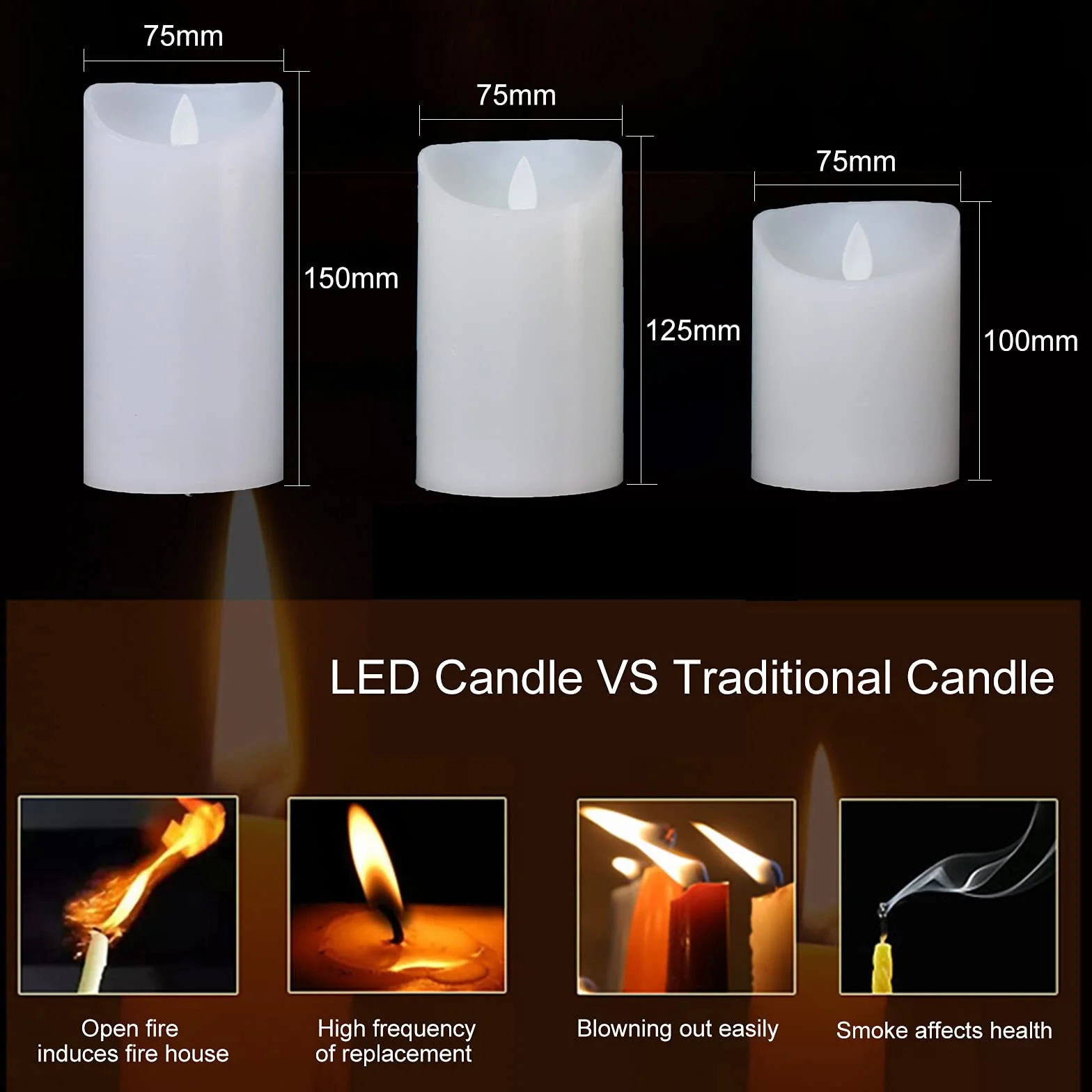 Bougies LED Vacillantes Lot de 3 10cm 12.5cm 15cm Décoration Halloween
