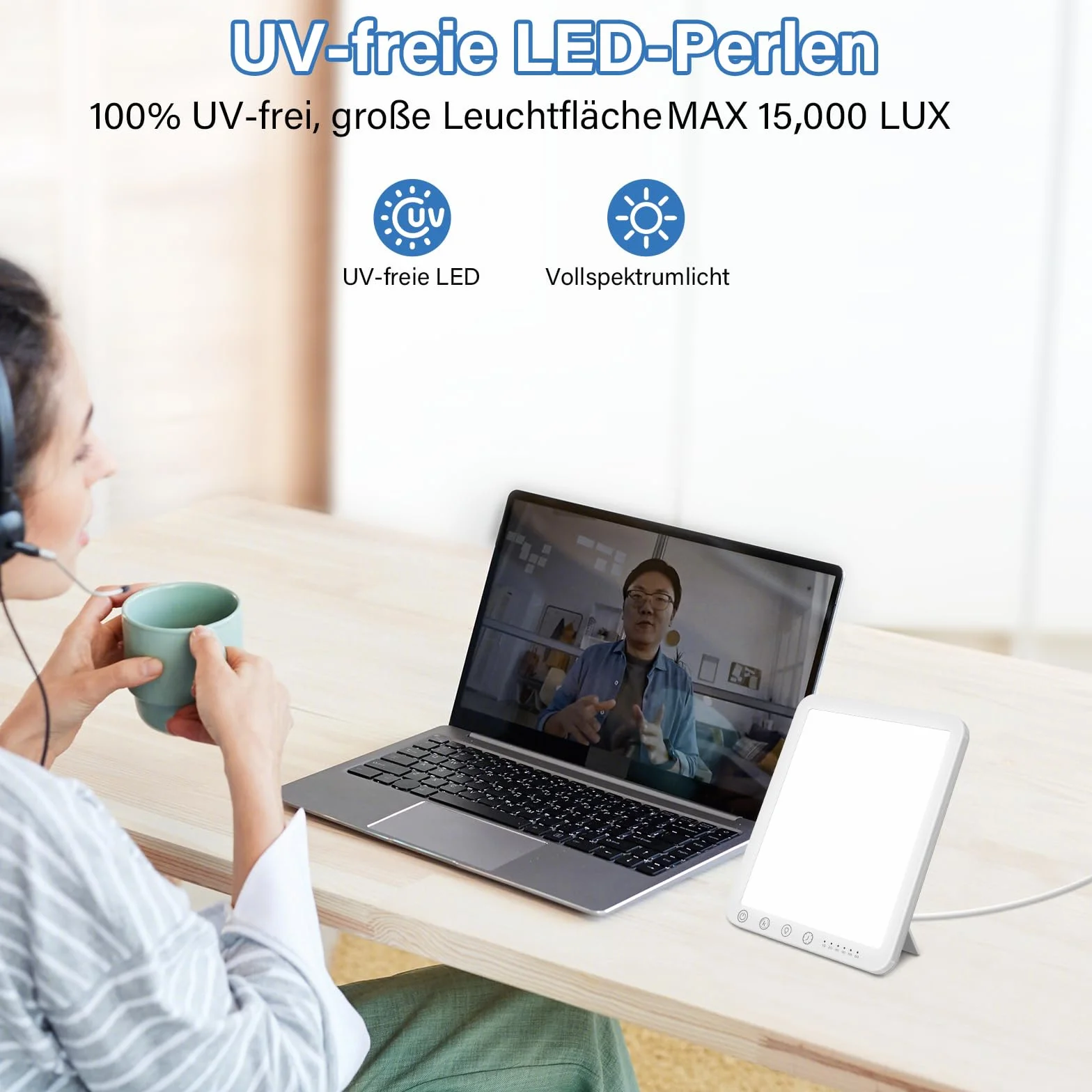 Lampe de Luminothérapie 15000 Lux Sans UV, 3 Températures de Couleur, 5 Niveaux de Luminosité, Mémoire, Support Pliant 180°