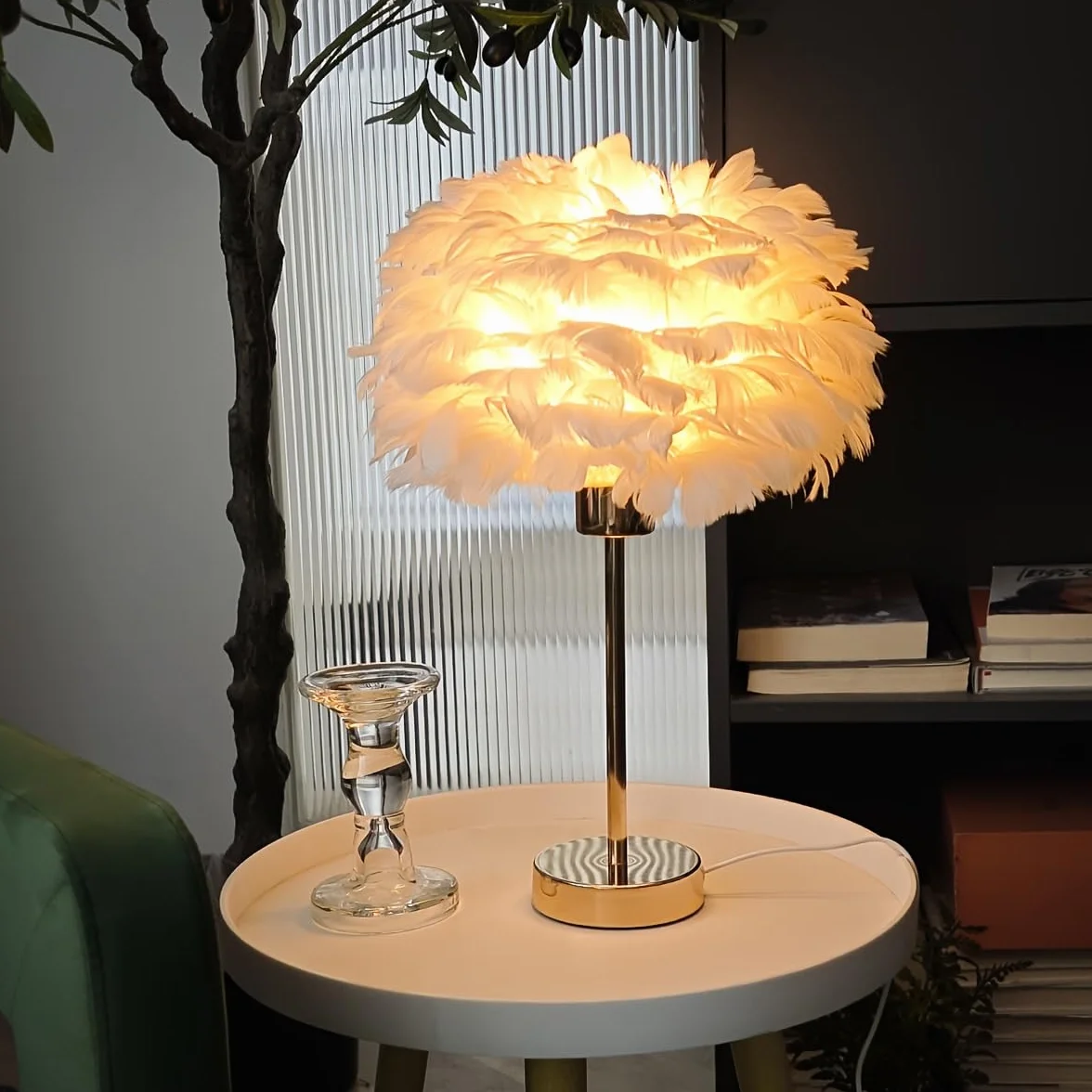 Lampe de chevet moderne E27 veilleuse enfants plumes artificielles blanc chaud 30x38 cm