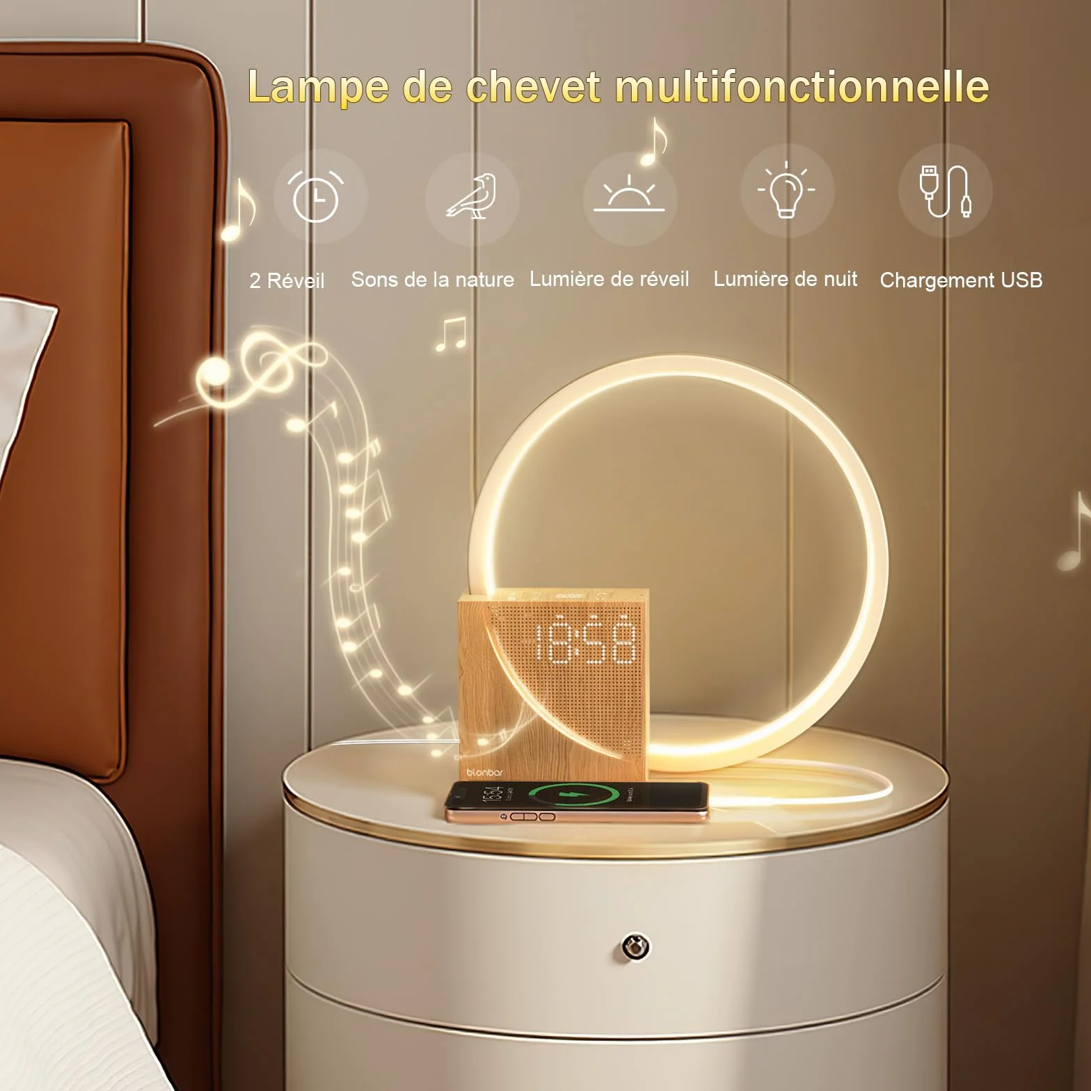 blonbar Lampe De Chevet USB Réveil Lumière Touch Control 10W Veilleuse 3 Niveaux Luminosité