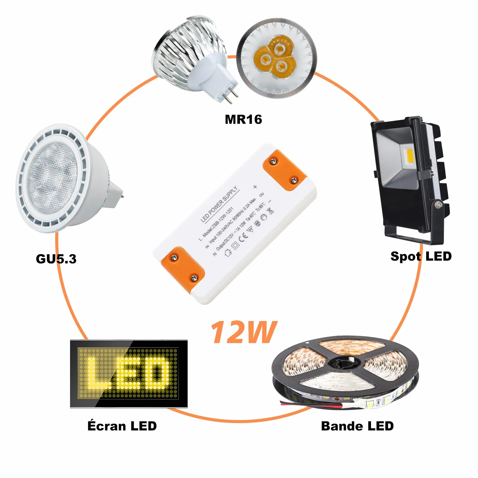 Transformateur 220V 12V LED 12W, Convertisseur AC DC pour G4 GU5.3 MR11 MR16