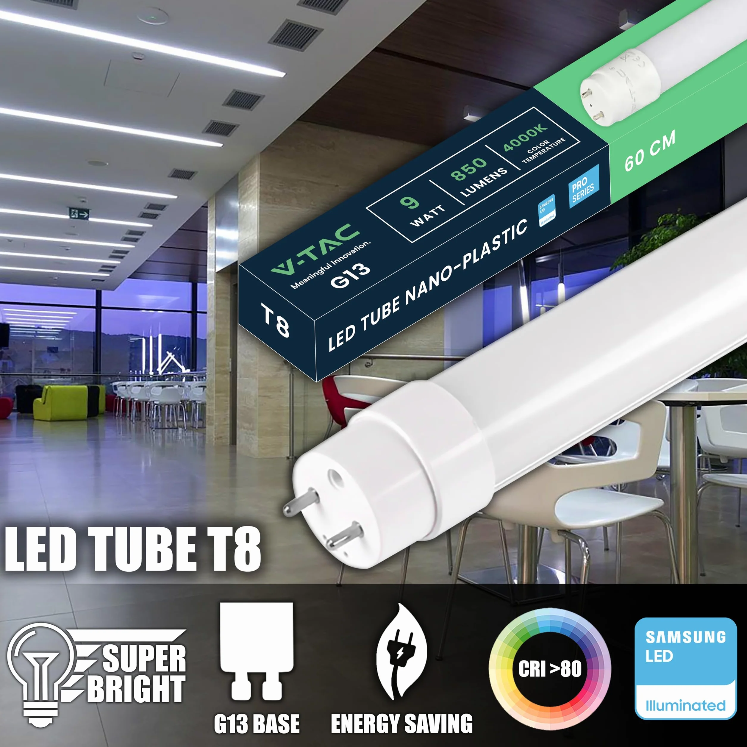 V-TAC T8 LED Tube 60cm 7.5W 850 Lumens 6500K Samsung Chip
