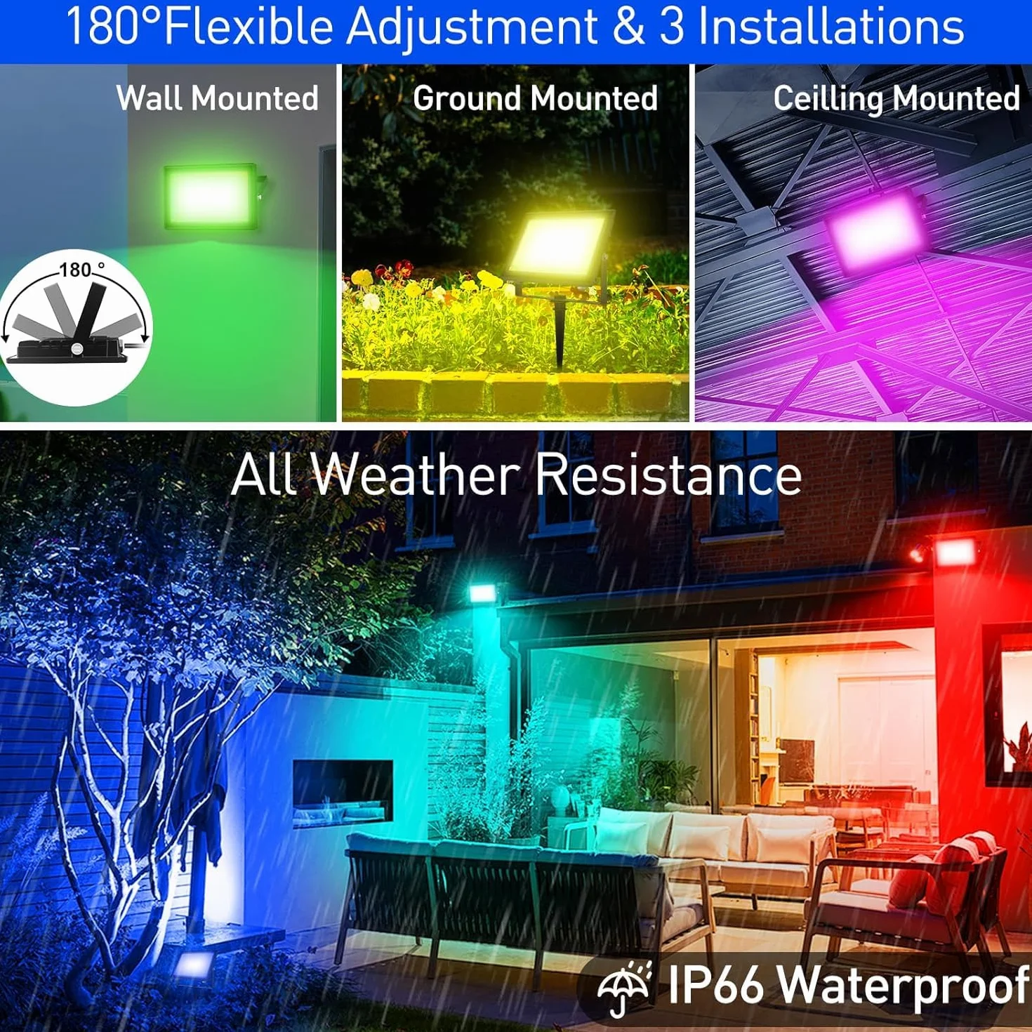T-SUNUS Projecteur LED RGB 100W Extérieur WIFI Bluetooth Télécommande IP66 2 Pièces