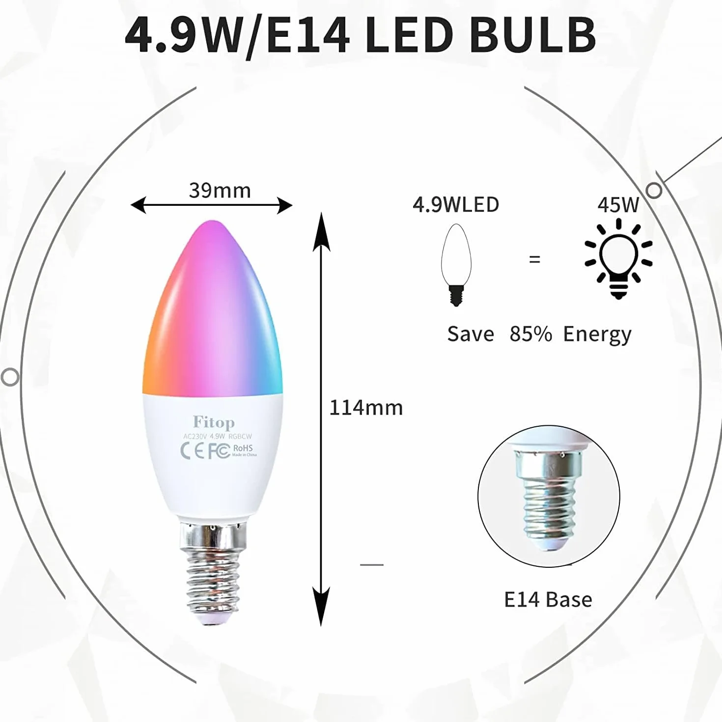 Fitop Ampoule LED WiFi E14 Dimmable 4.9W 470Lm RGB 16 Millions de Couleurs Compatible Alexa Google Home Paquet de 4