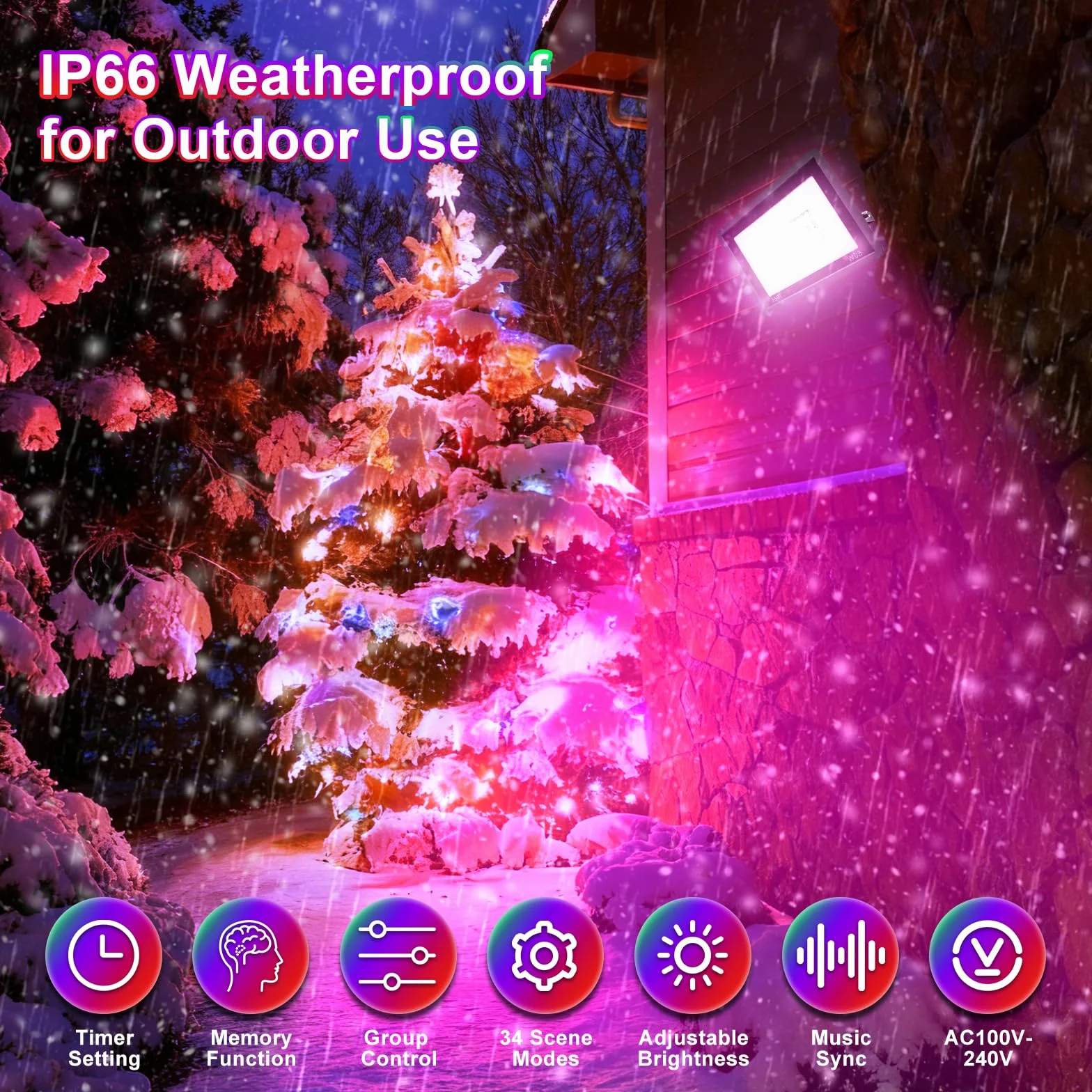Projecteur LED Extérieur 100W RGB CCT 2700K-6500K IP66 Contrôle APP Musique Sync Minuteur Dimmable