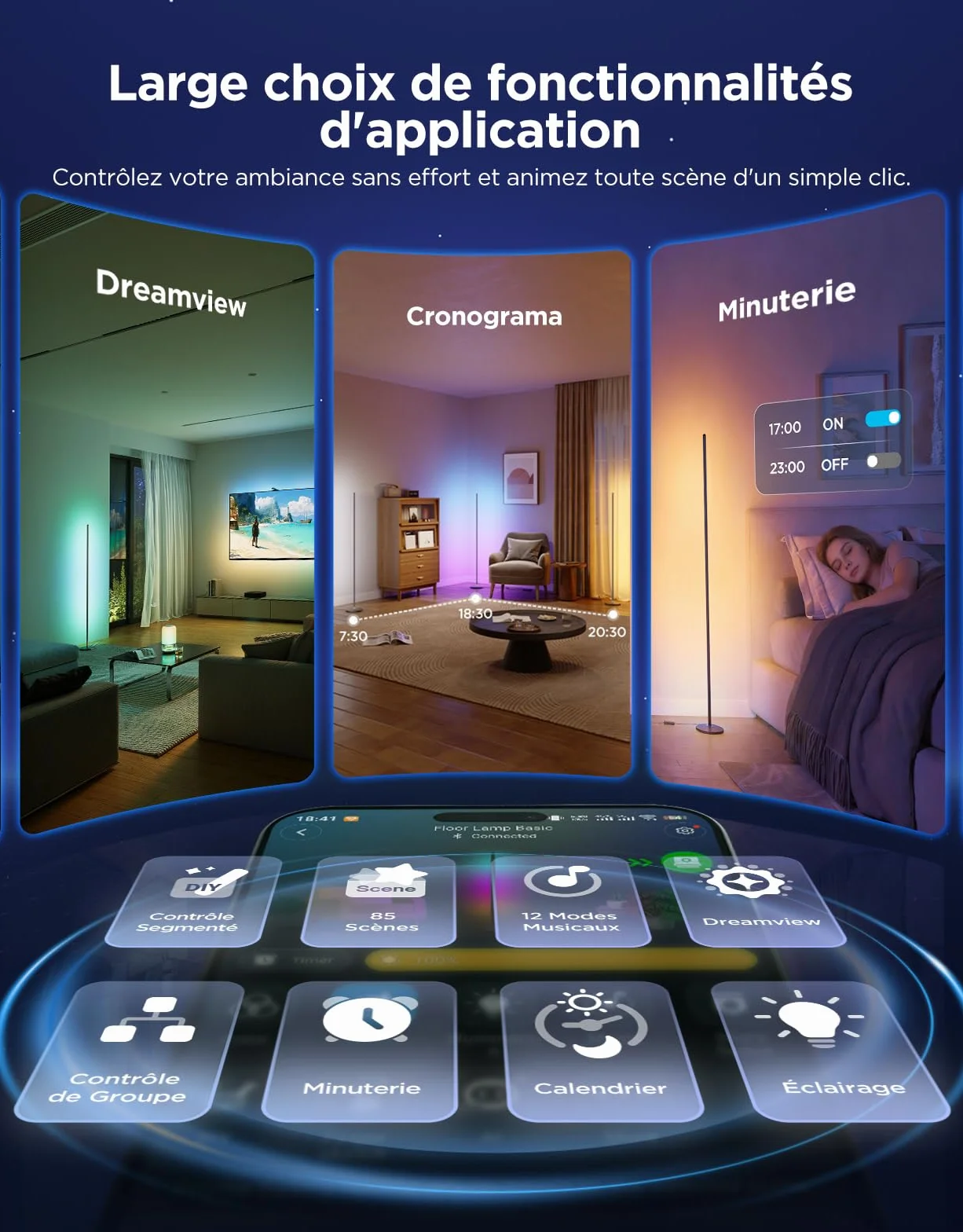 Govee RGBIC Lampadaire LED WiFi, Fonctionne avec Alexa Matter Google Assistant, Musique Sync, 16 Millions Couleurs 61 Modes de Scène