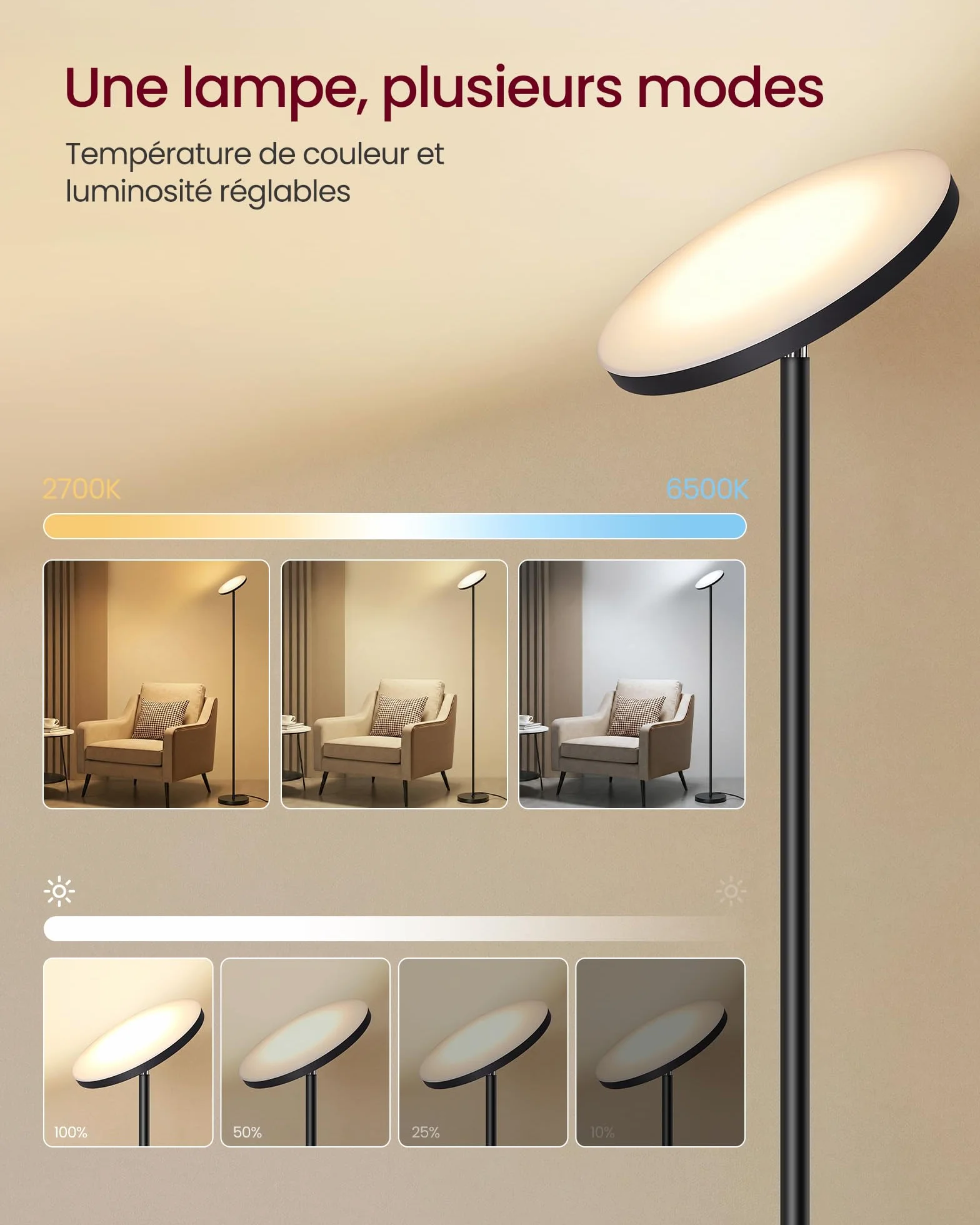 VASAGLE Lampadaire LED 30 W Tête Orientable Noir Mat avec Télécommande
