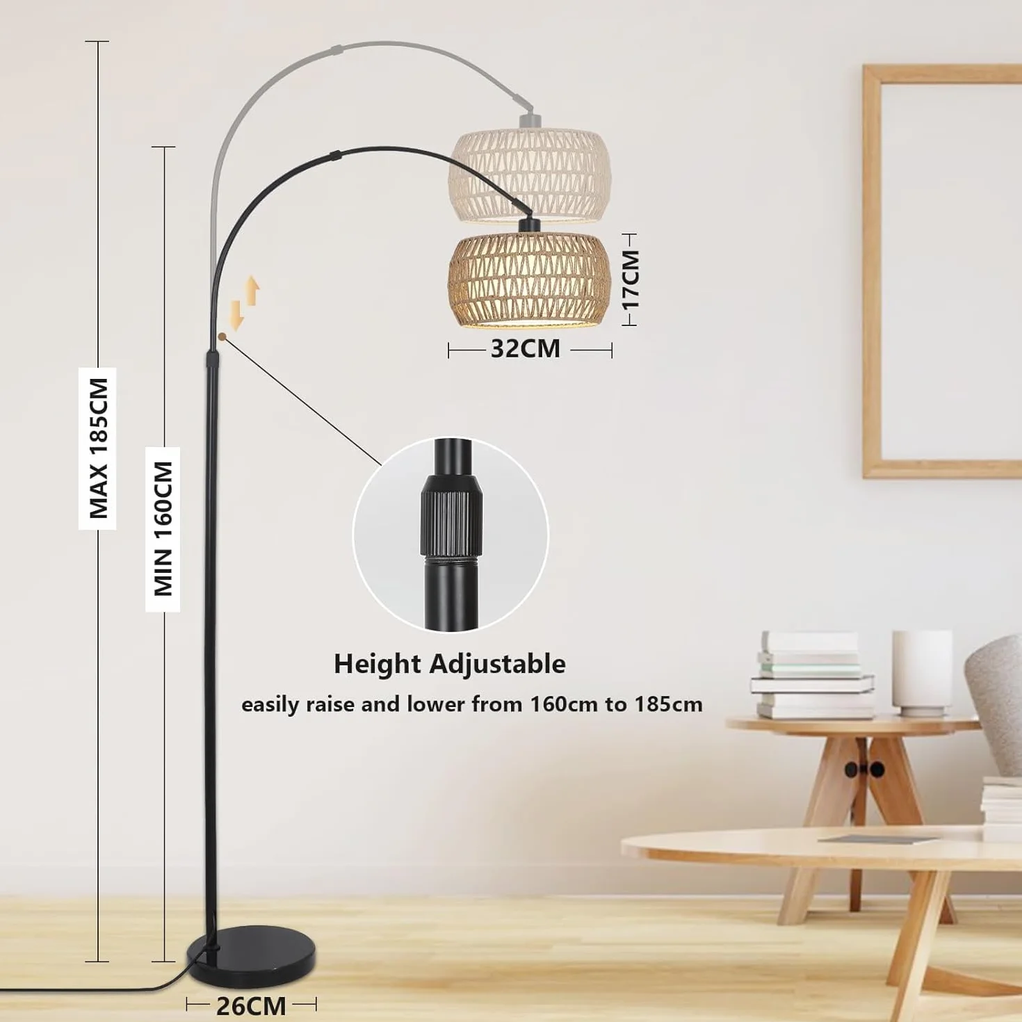 Rayofly Lampe à Arc Vintage avec Abat-Jour en Rotin, Télécommande et Ampoule LED, Contrôle par Application
