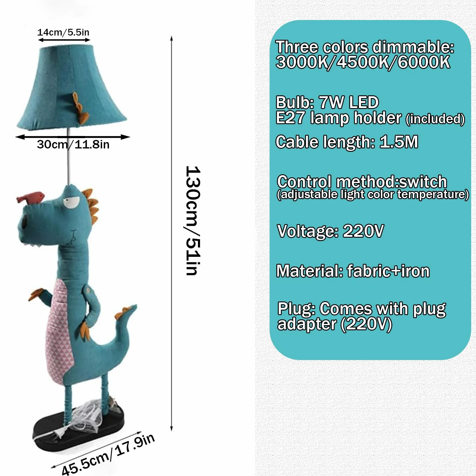 Lampadaire Chambre Enfant Dinosaure, Tissu, 3 Températures, Dimmable E27 LED
