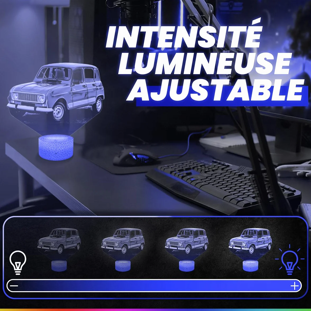 Lampe 3D Voiture 4L, Veilleuse Tactile LED Effet Hologramme, Idée Cadeau Fan de Voiture