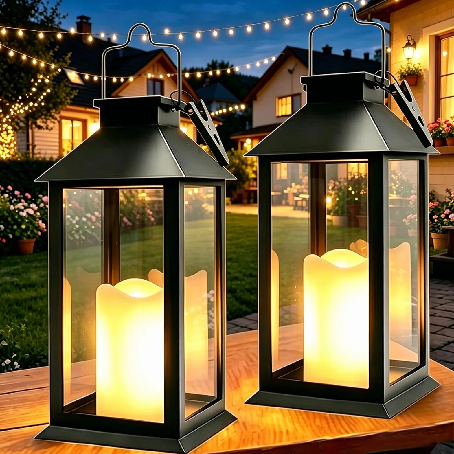 Lanterne Solaire Exterieur 2 Pièces Suspension Lampe Solaire Bougie LED Flamme Vacillante IP44 Étanche Noir
