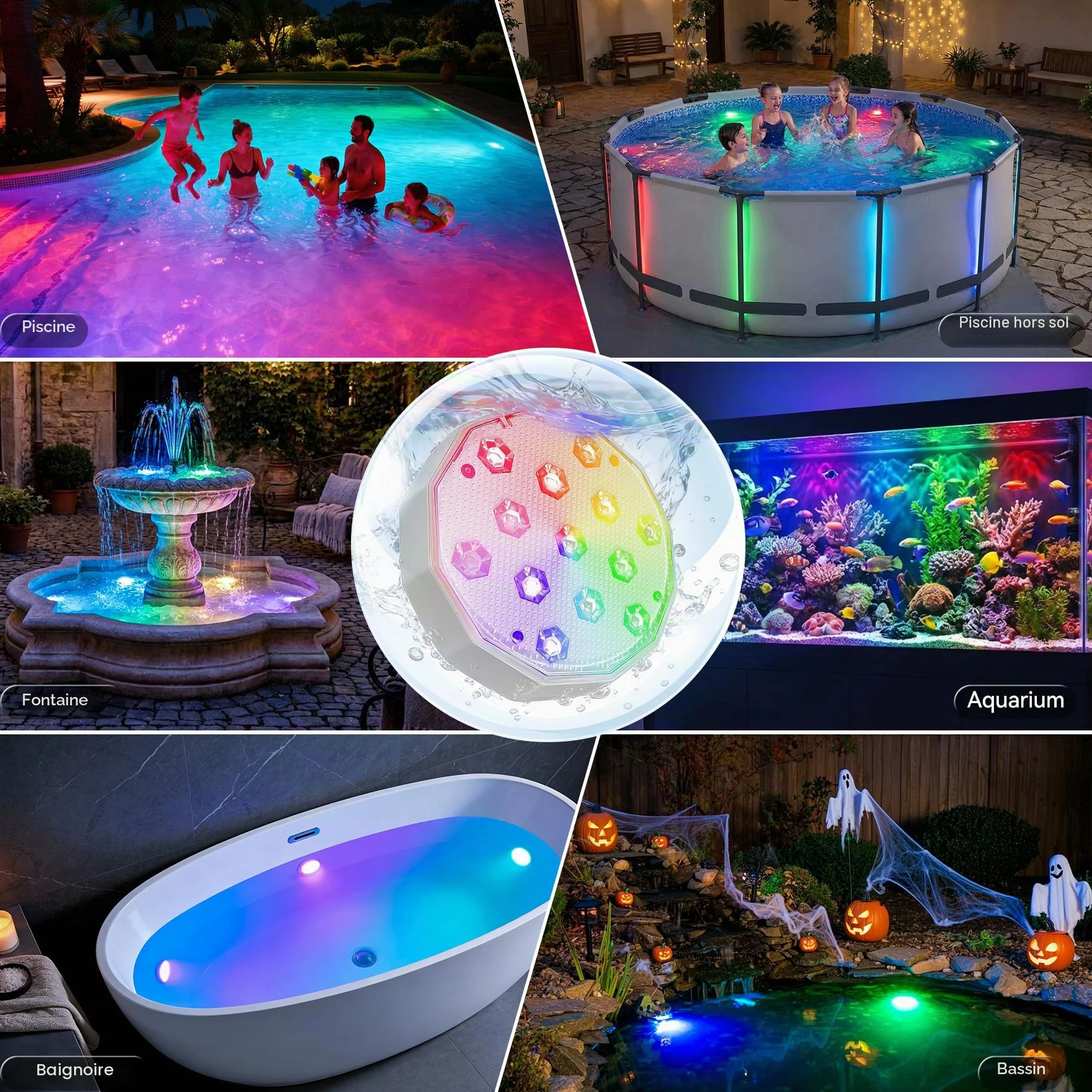 Ollny Lampe de Piscine Magnétique LED RGB Submersible Rechargeable IP67 avec Télécommande