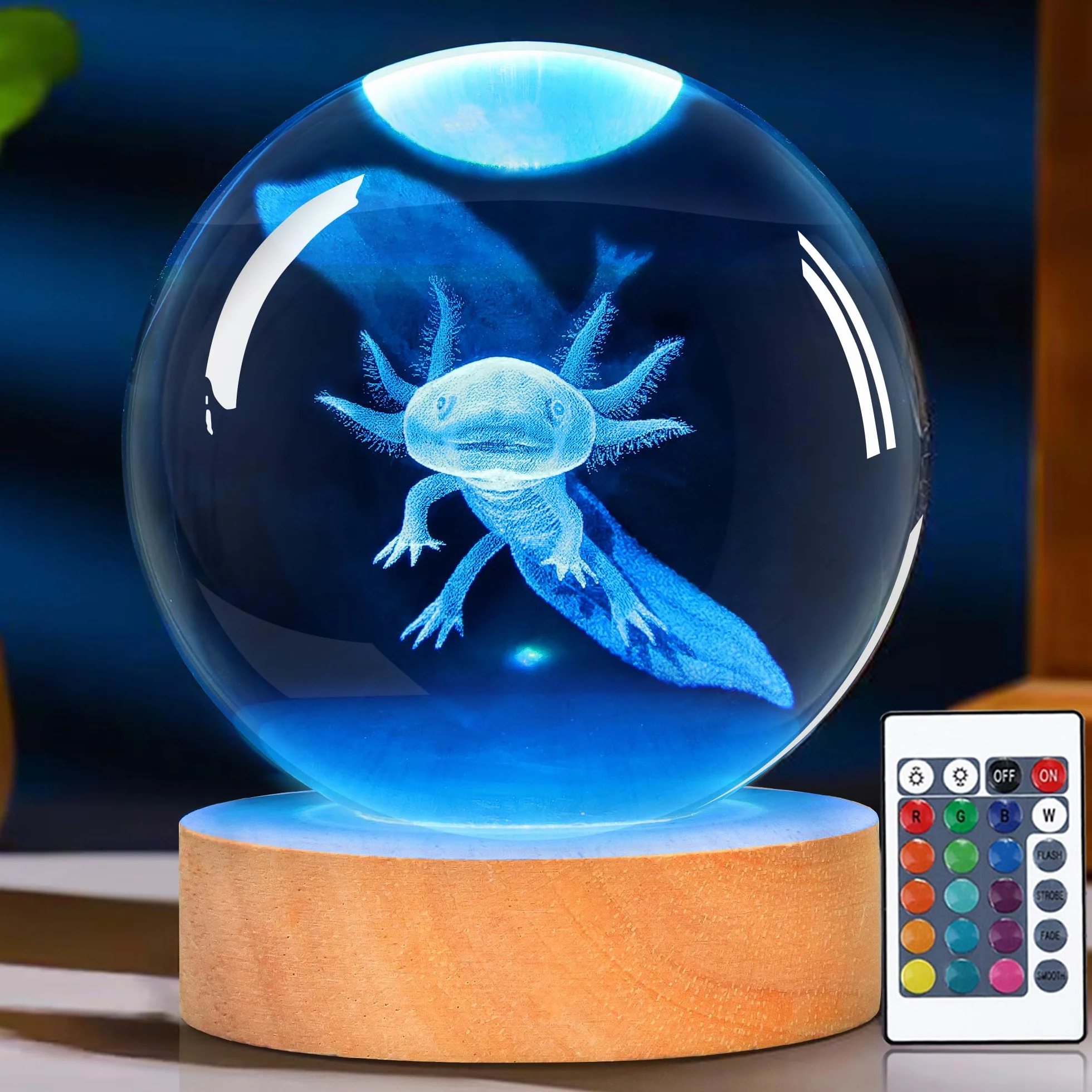 OkiyiD Veilleuse 3D Boule de Cristal Axolotl avec Télécommande, Lampe en Verre, Cadeau pour Enfants