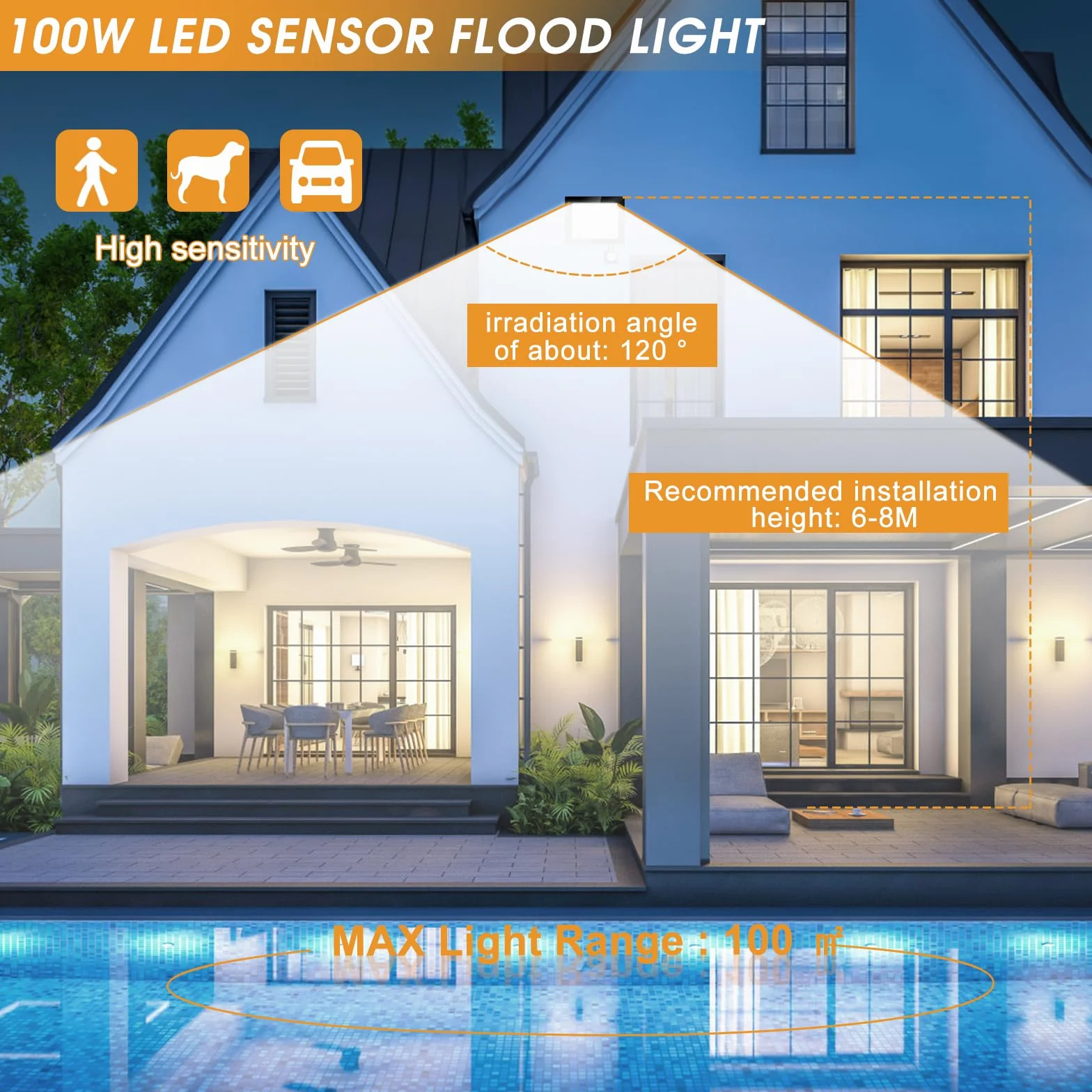Projecteur LED 100 W extérieur 10 000 lm 7000 K IP67 avec détecteur de mouvement télécommande blanc froid