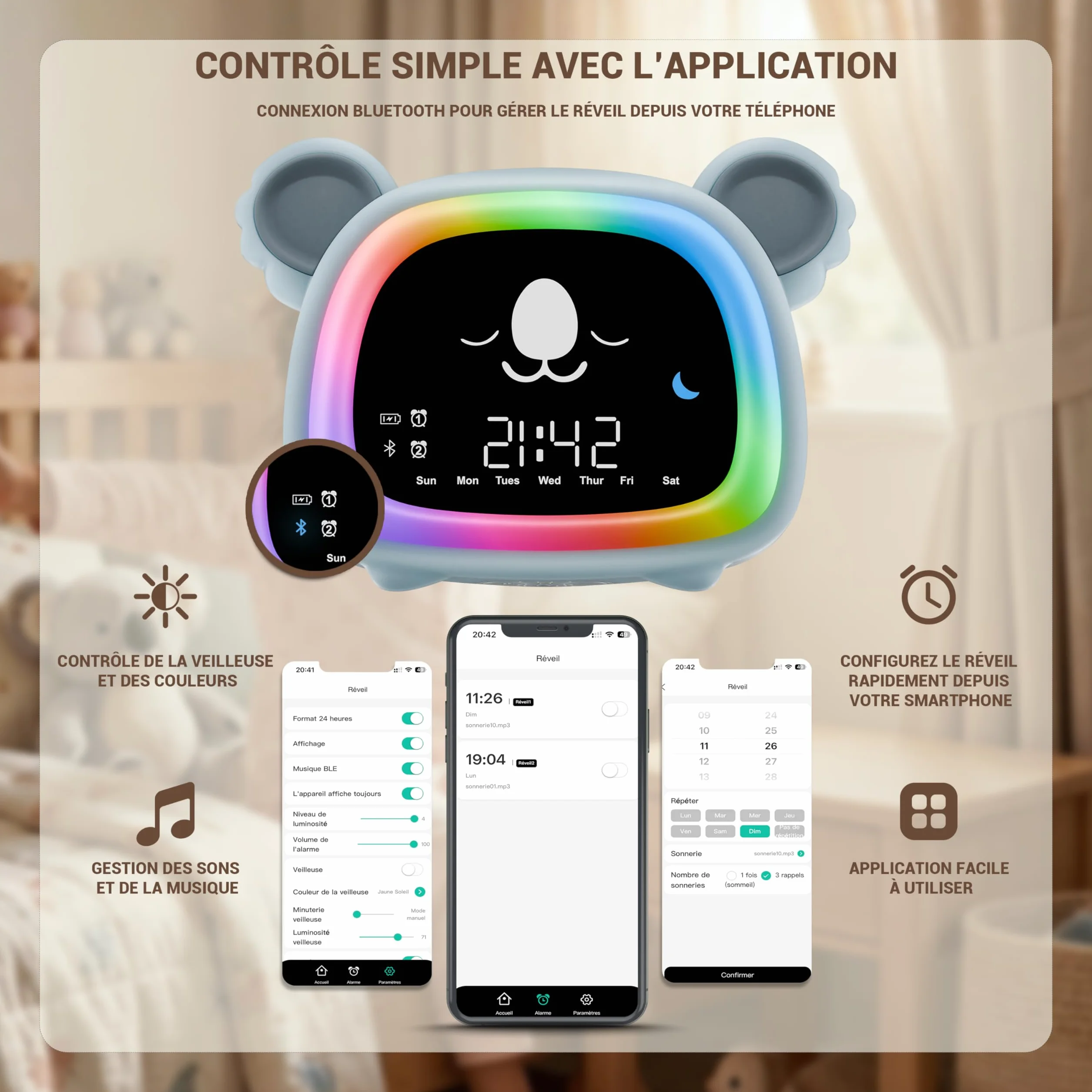 OCTAV Réveil Enfant Éducatif Bluetooth Musical Son Naturel Veilleuse LED Rechargeable Apprentissage Sommeil Soleil Lune