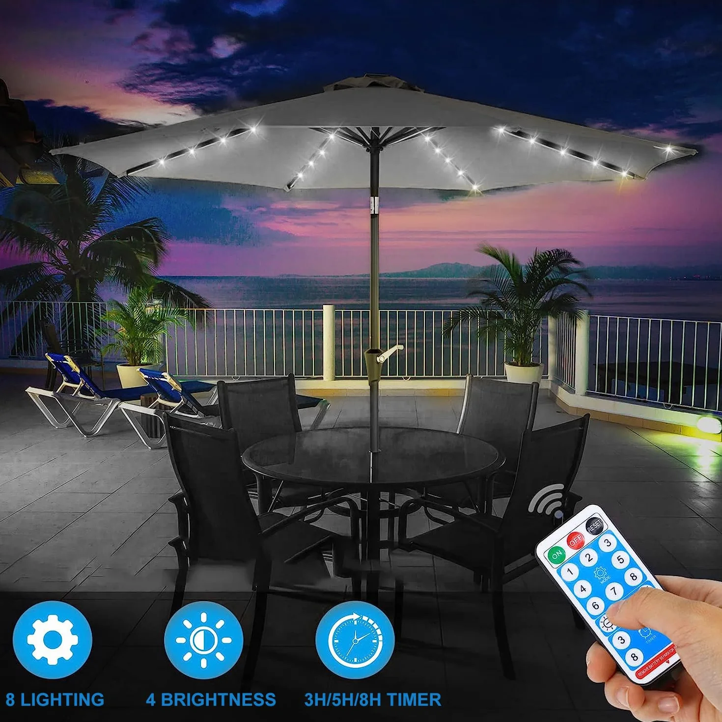 KINGCOO Éclairage à DEL pour parasol de terrasse, solaire étanche 104, 8 modes avec télécommande