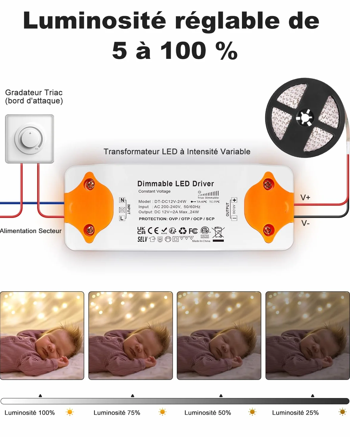 REYLAX Transformateur LED 12V Dimmable TRIAC 24W 2A Alimentation Tension Constante 220V AC DC Convertisseur