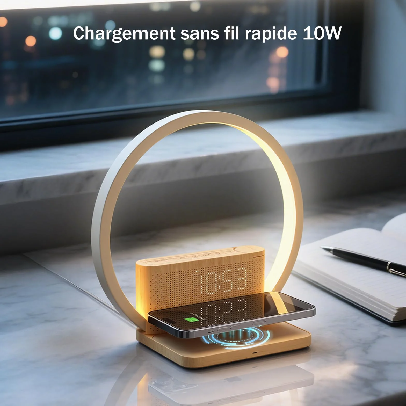 Réveil lumineux lampe de chevet rechargeable variateur tactile 10 sons naturels