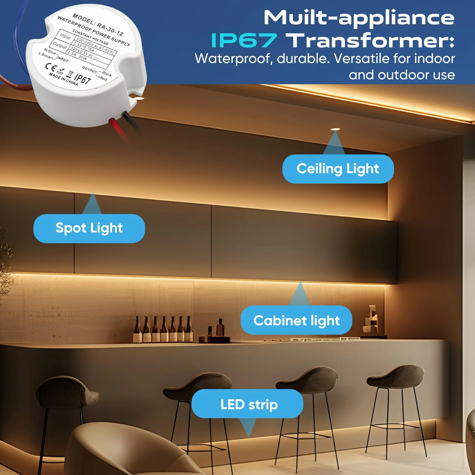Transformateur LED 12V 30W 2.5A IP67 Étanche Alimentation Rond Ø48mm avec 2 Connecteurs